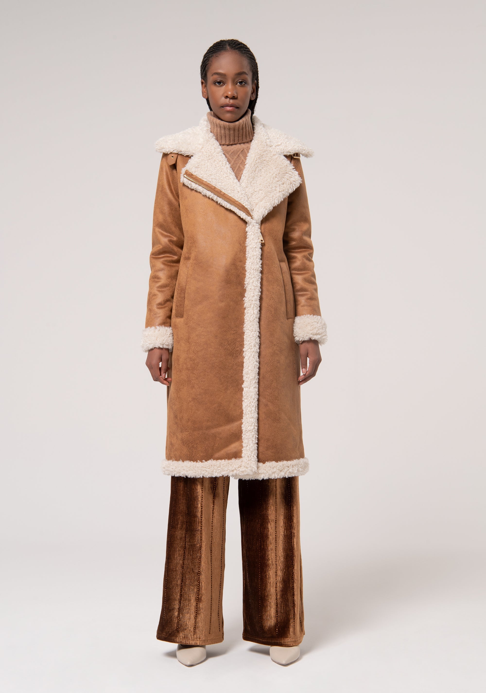 Shearling Fake Biker Fur Coat Cuoio