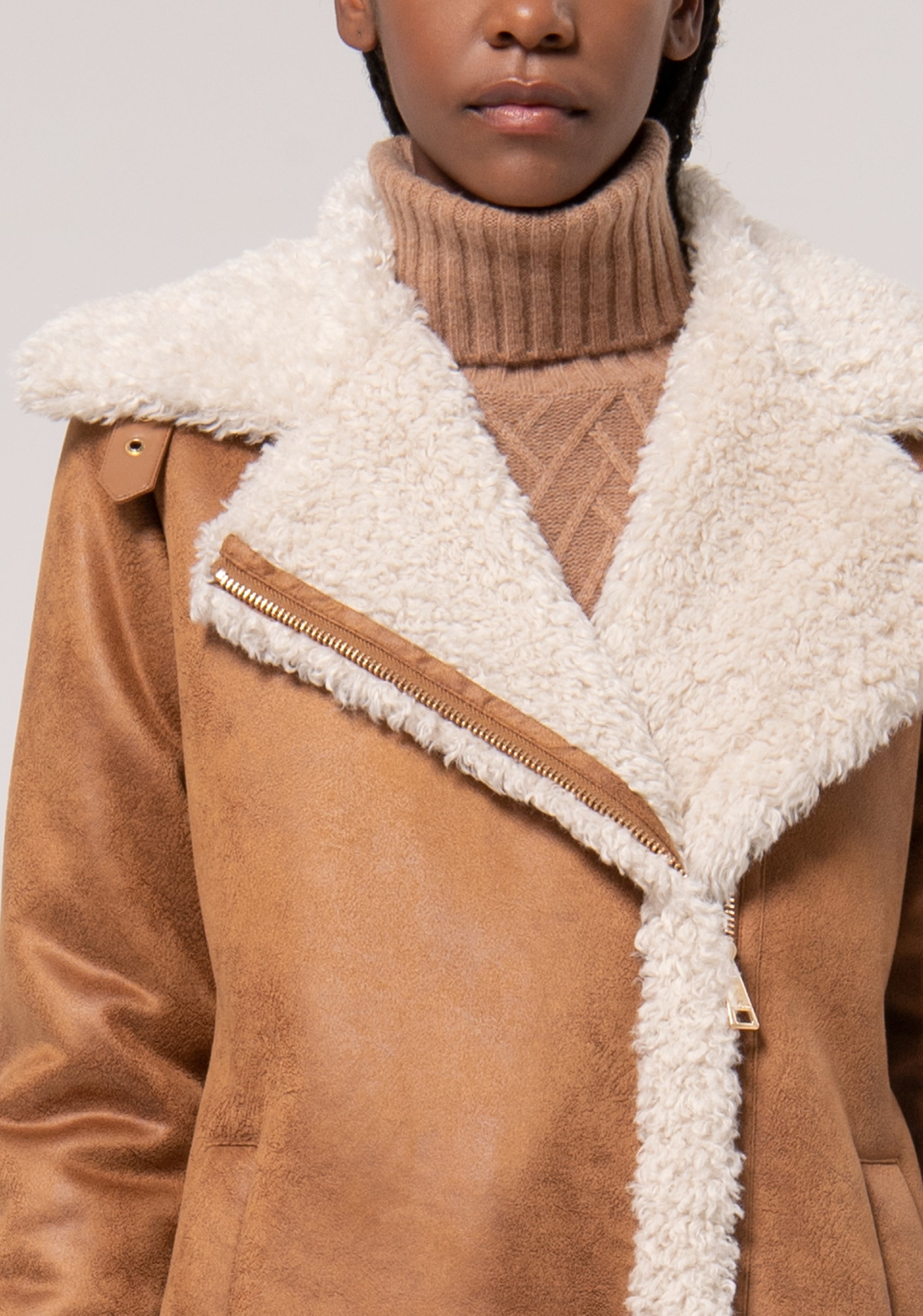 Shearling Fake Biker Fur Coat Cuoio