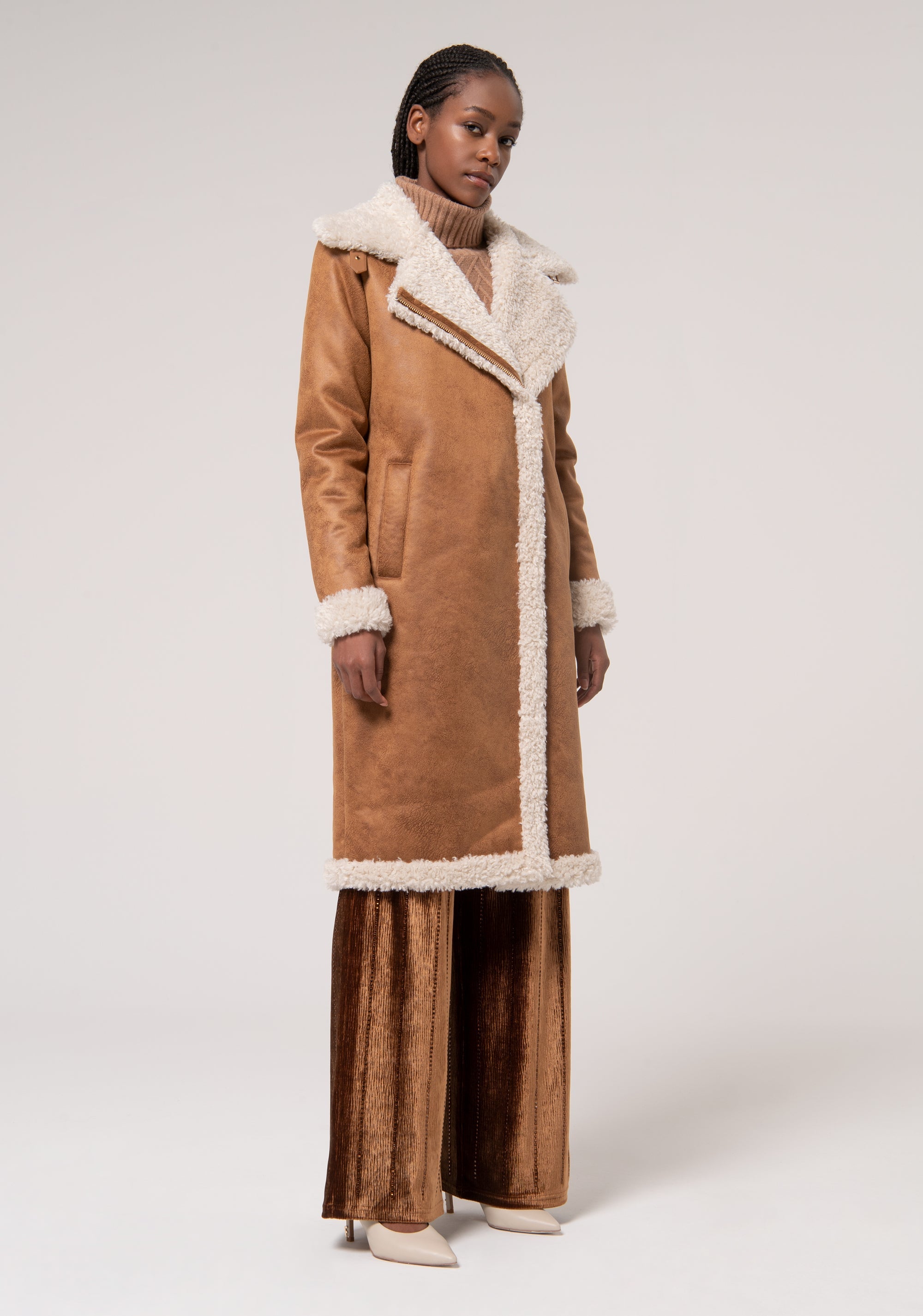 Shearling Fake Biker Fur Coat Cuoio