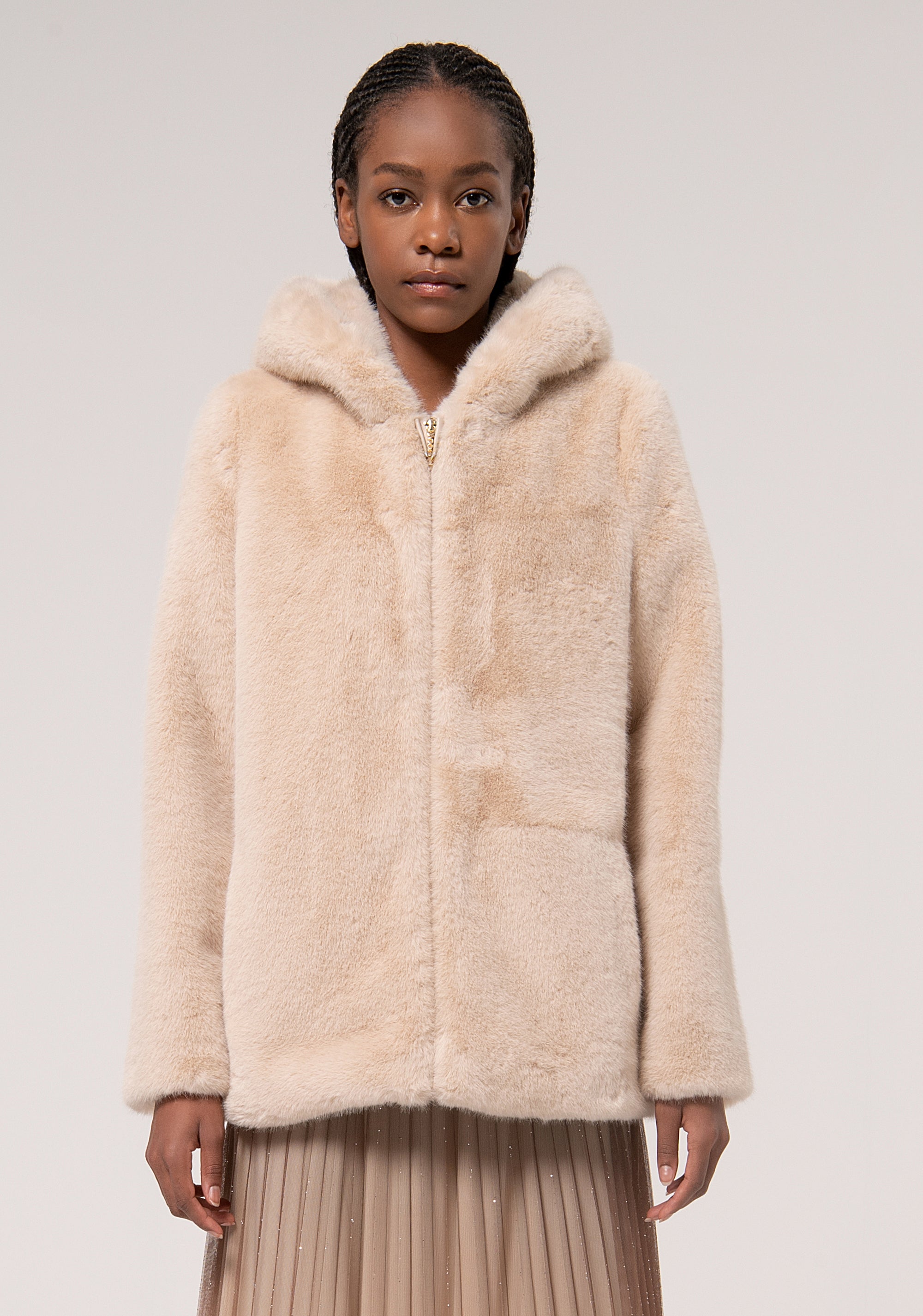 Hoodie Short Fake Fur Sand