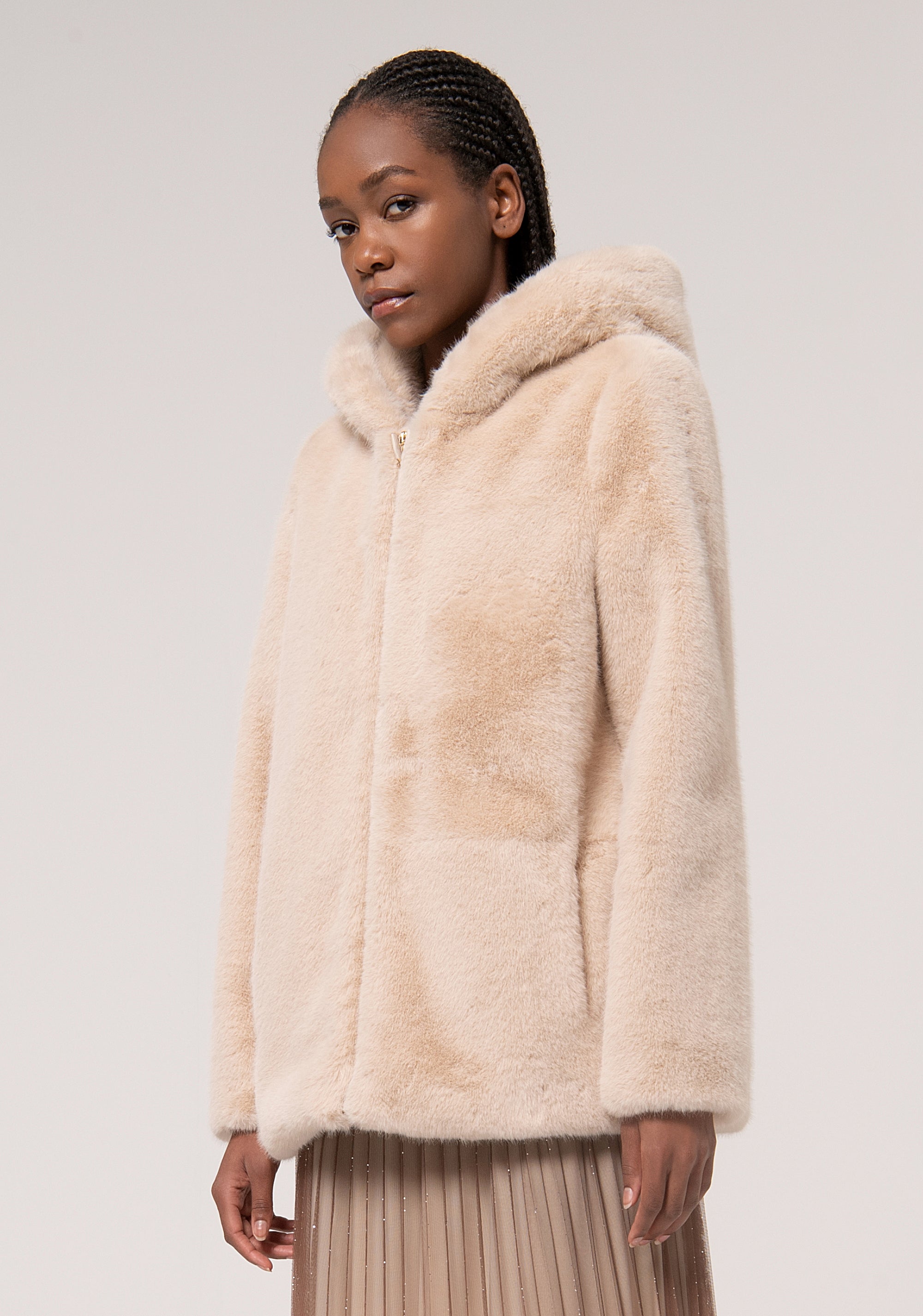 Hoodie Short Fake Fur Sand