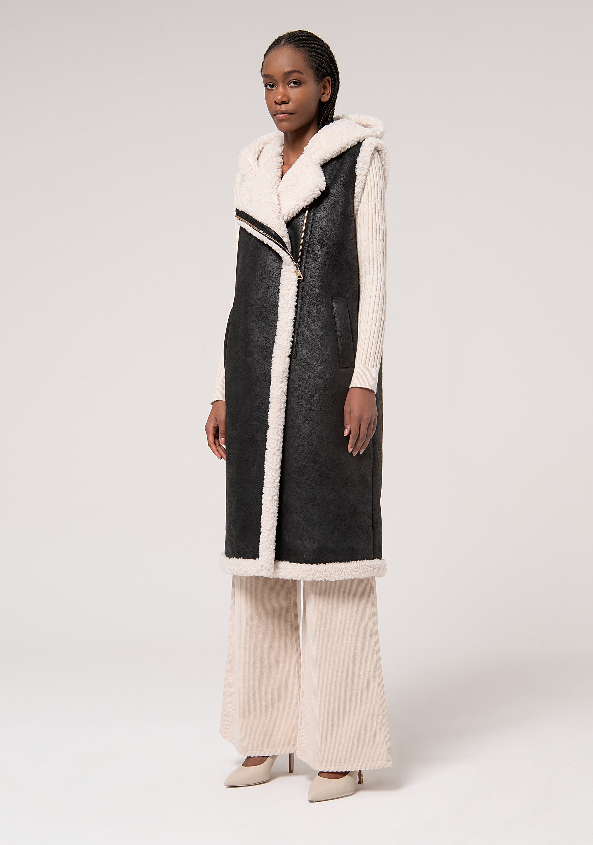 Shearling Fake Biker Fur Coat Black