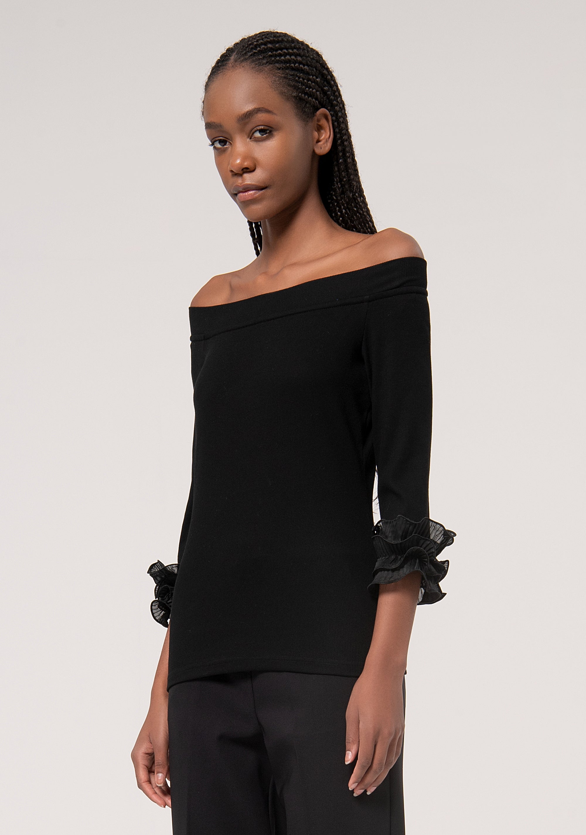 3/4 Boat Neck Rib Top Black