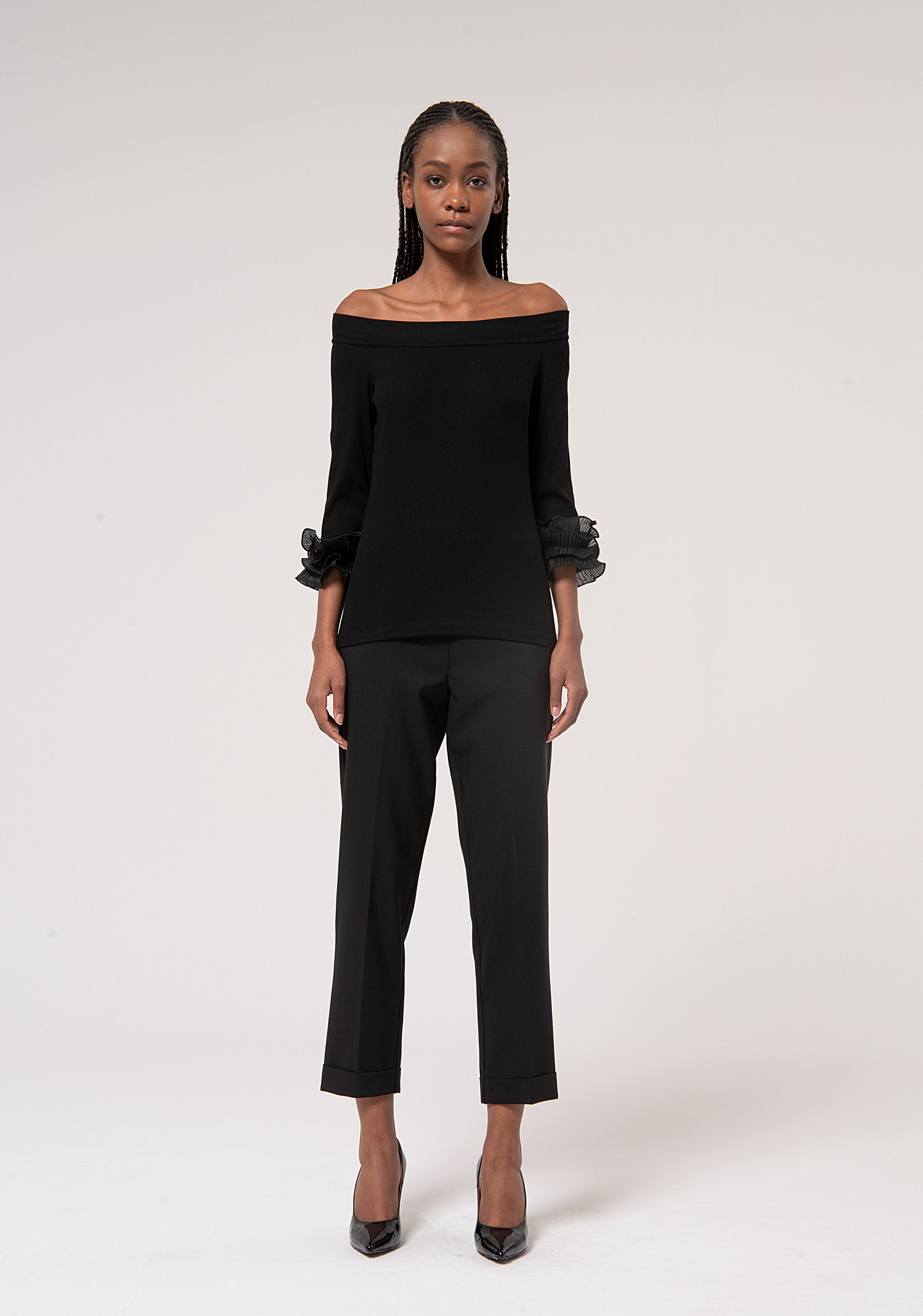 3/4 Boat Neck Rib Top Black
