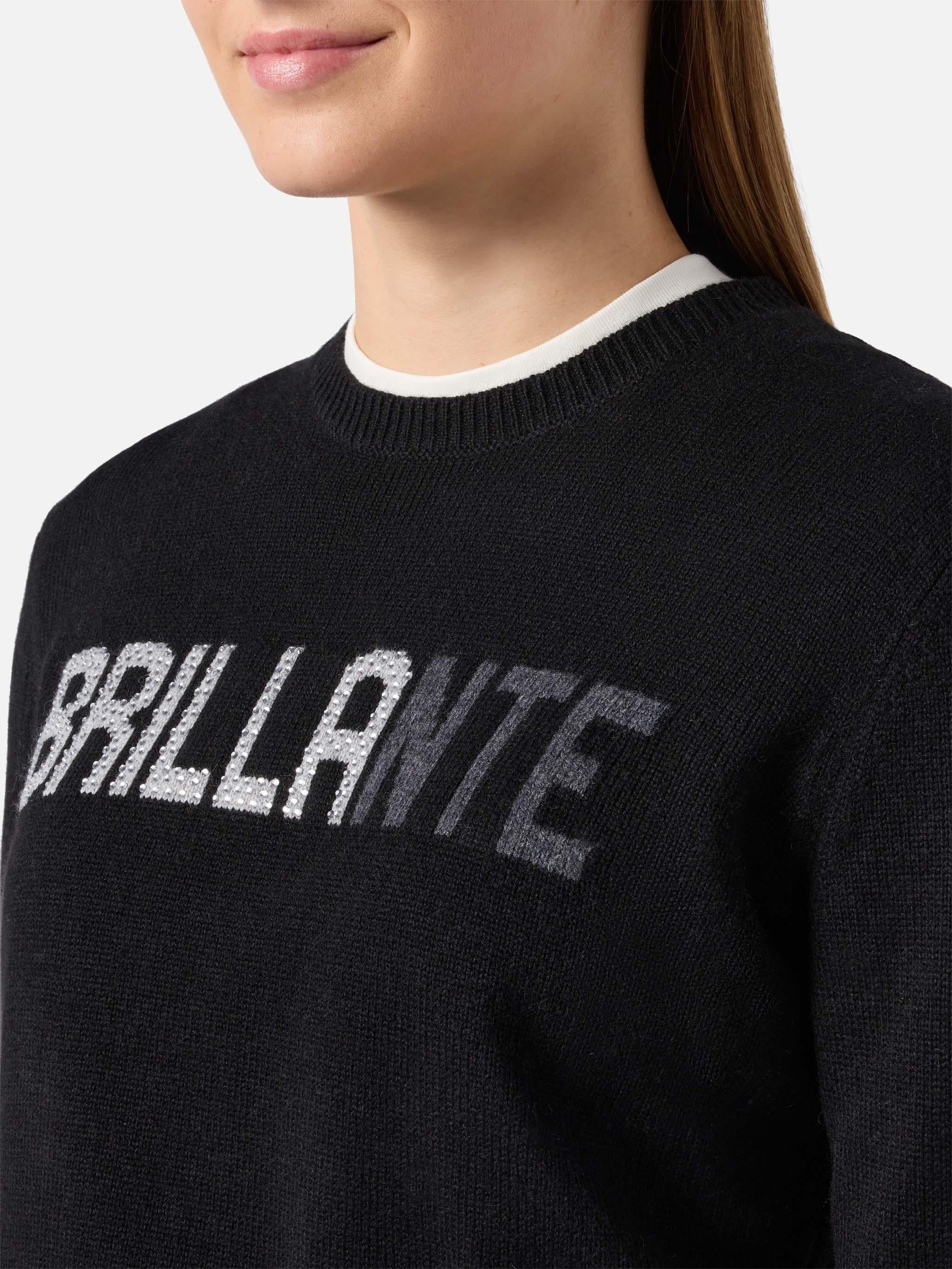 Maglione New Queen in misto cashmere nero con applicazione in strass Brillante QUE0010 00471 MC2 SAINT BARTH
