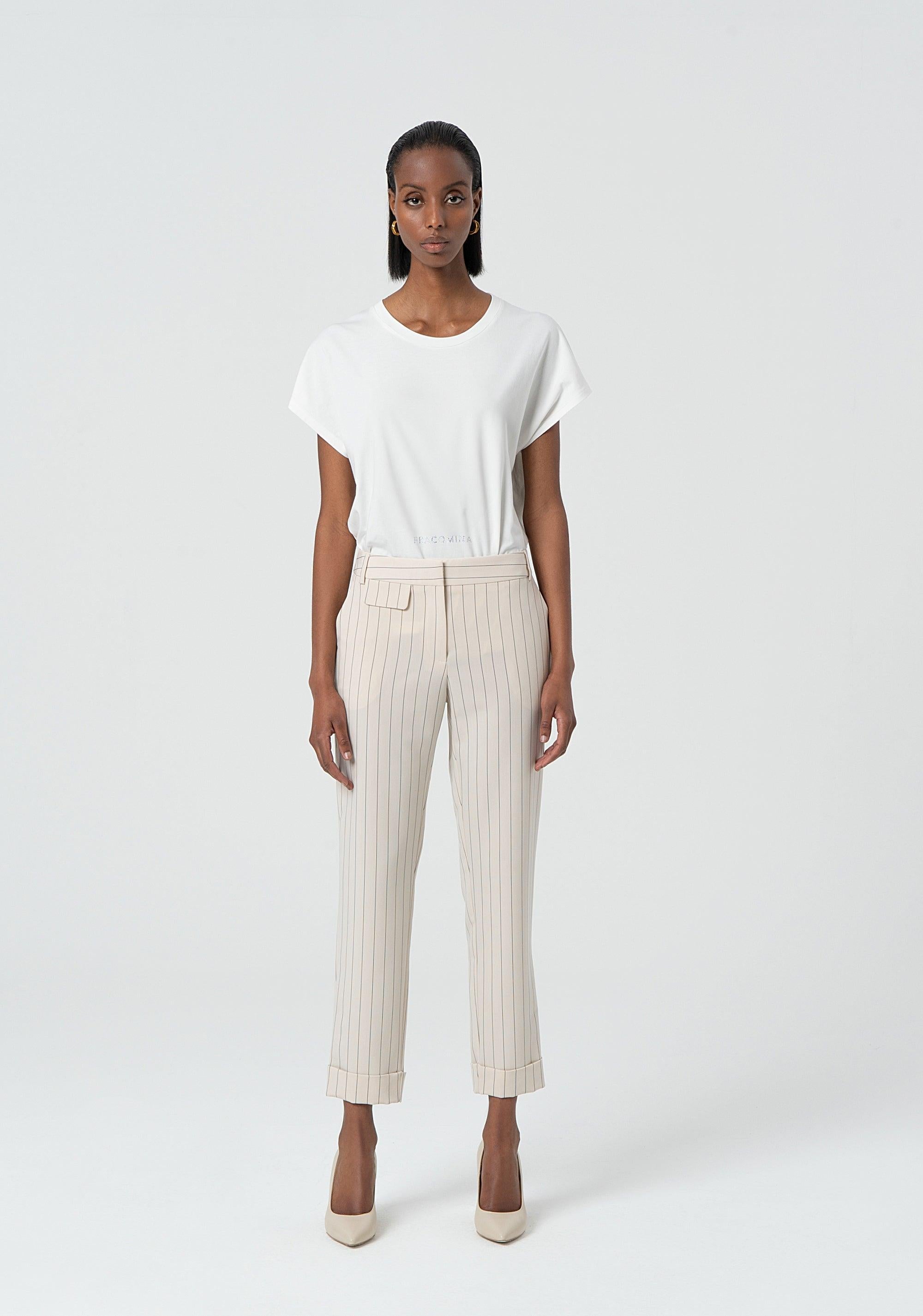 Pantalone a sigaretta in tessuto gessato cream