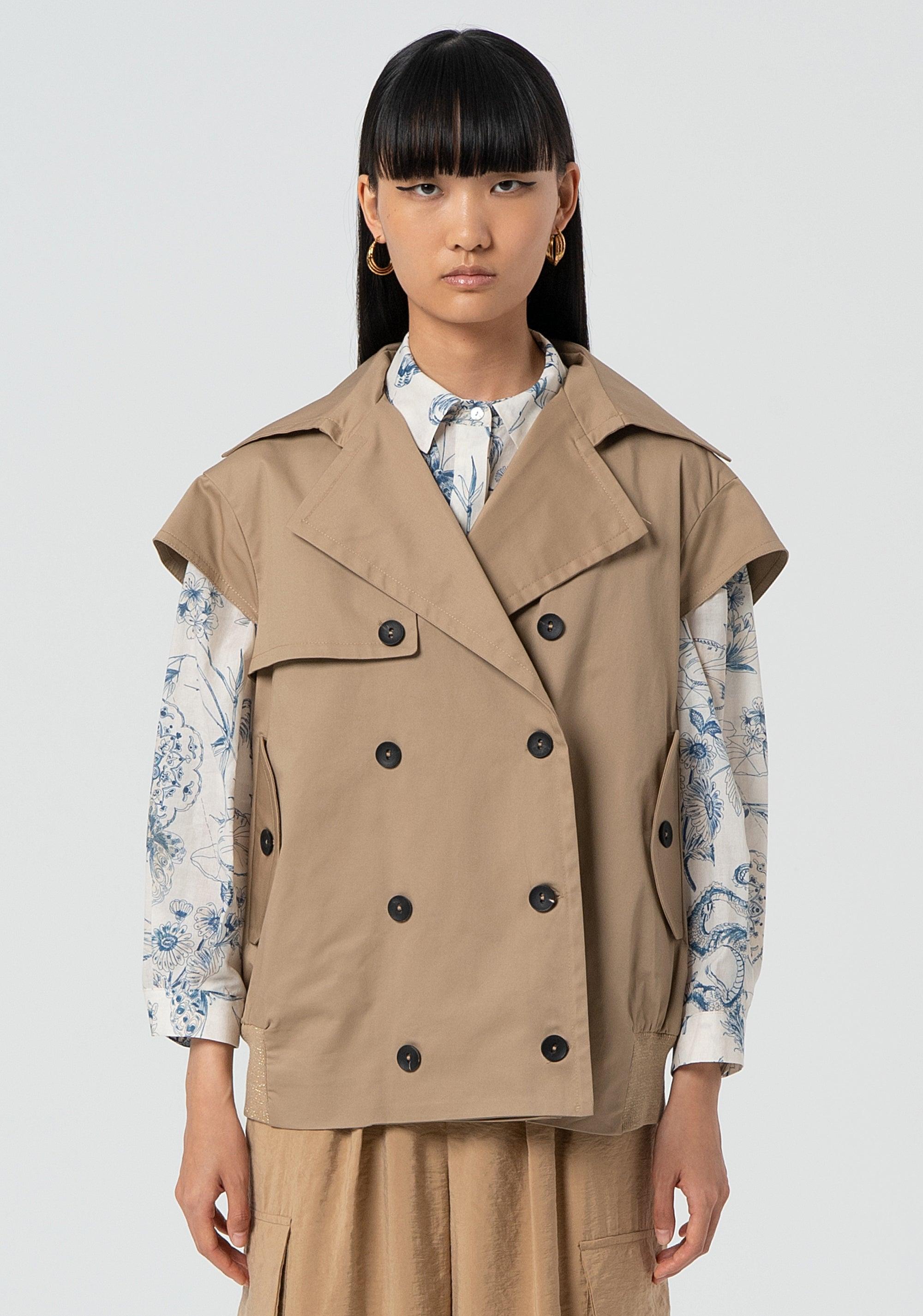 Trench corto senza maniche in cotone beige
