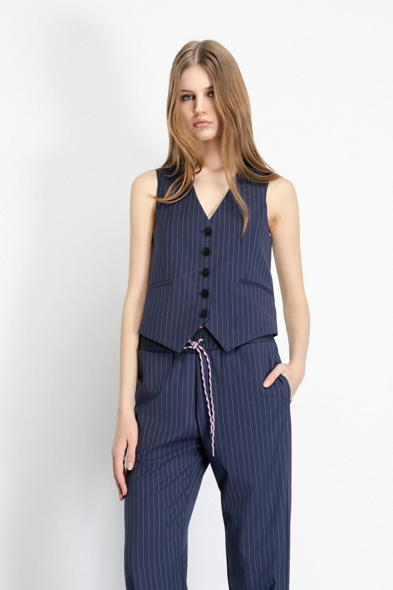 Pantalone Dritto Morbido Con Coulisse In Vita Blu Scuro - Gaëlle Paris GAABW06834-TMTS0139 BL25 GAELLE