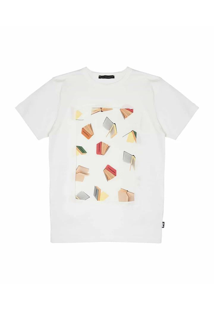 Daniele Alessandrini T-shirt Bianca con Fantasia Books per Bambini