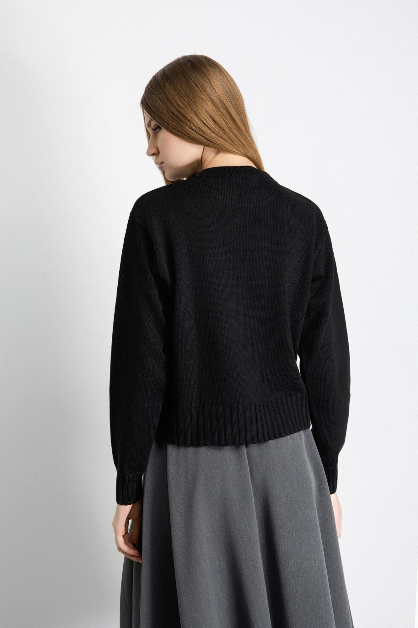 Pullover In Maglia Rasata Con Ricamo Sul Davanti Nero - Gaëlle Paris GAABW07266-BMFI0001 NE01 GAELLE