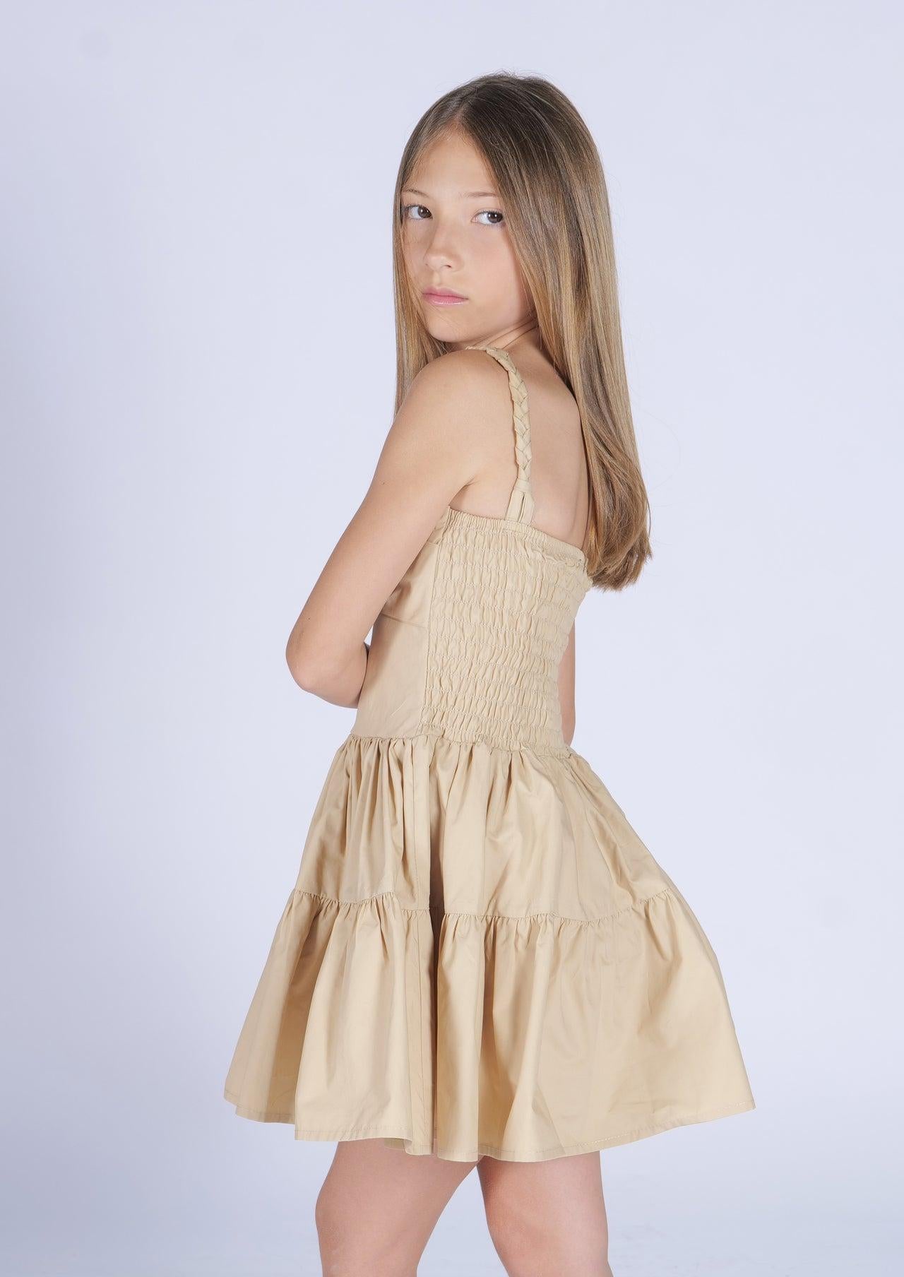 Vestito FunFun Beige in Cotone con Bretelle Intrecciate