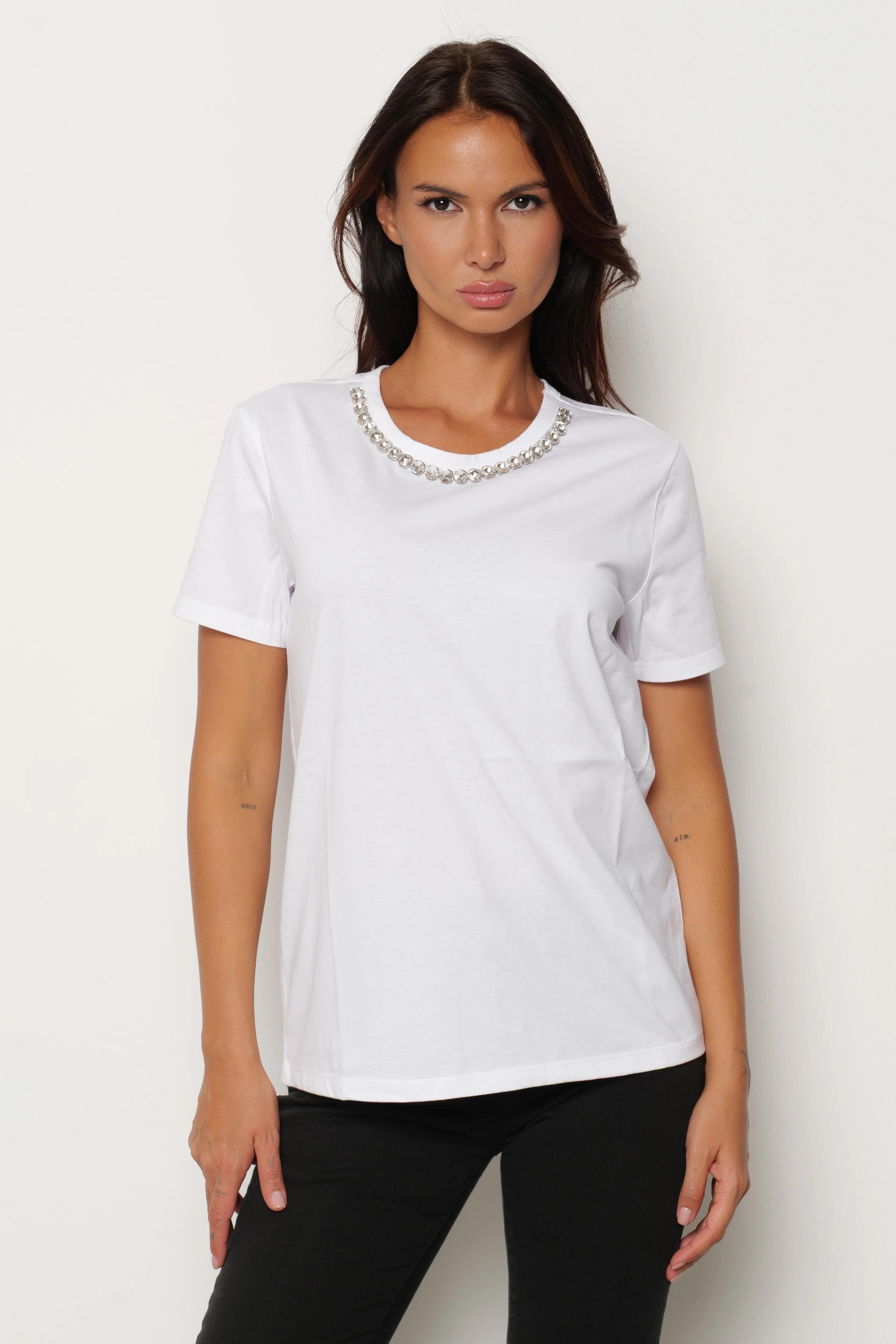 Relish T-shirt SANTISI mezza manica con pietre strass bordo collo bianca RDA2501033009 WHITE RELISH