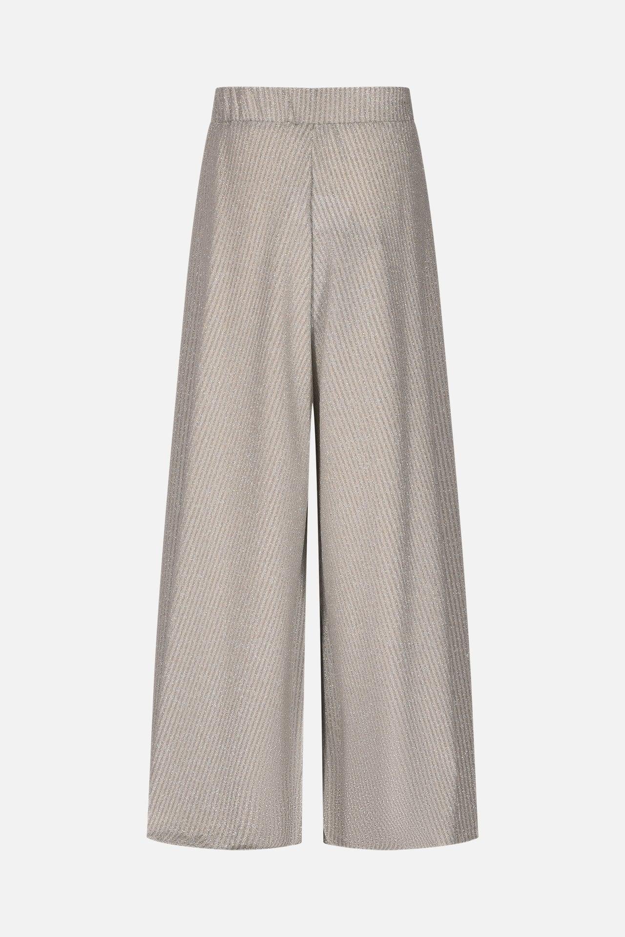 PANTALONI FUNFUN IN TESSUTO ELASTAN EFFETTO COSTINE LUREX ARGENTO, MODELLO PALAZZO AMPIO CON BUSTINO TUTTO MOLLA