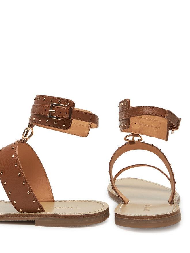 Sandalo Twinset in pelle con borchie Cuoio