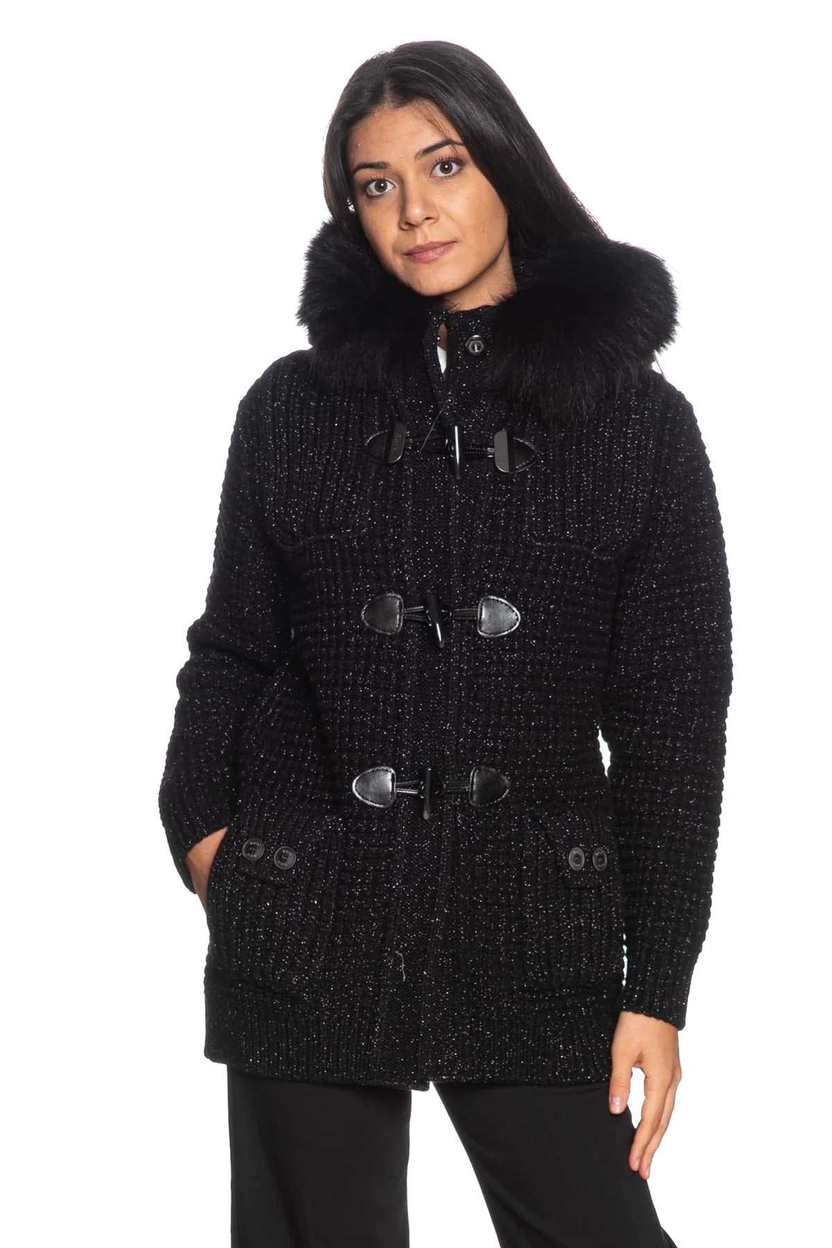 Giaccone Bark donna Duffle Coat Mourmasky nero lurex argento 62B9002/LC NERO BARK 