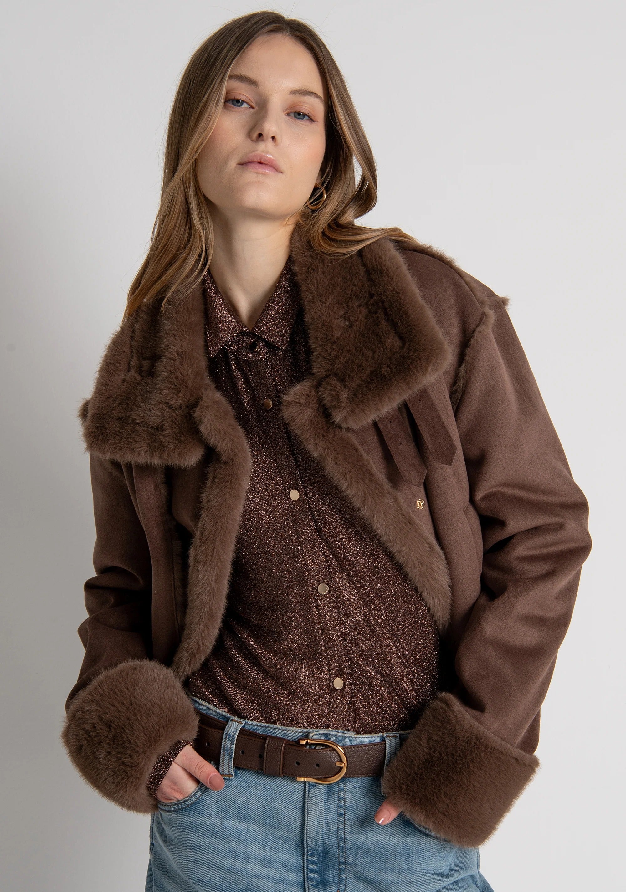 Giacca regular in finto montone brown FR26WC4015O46701 091 FRACOMINA 