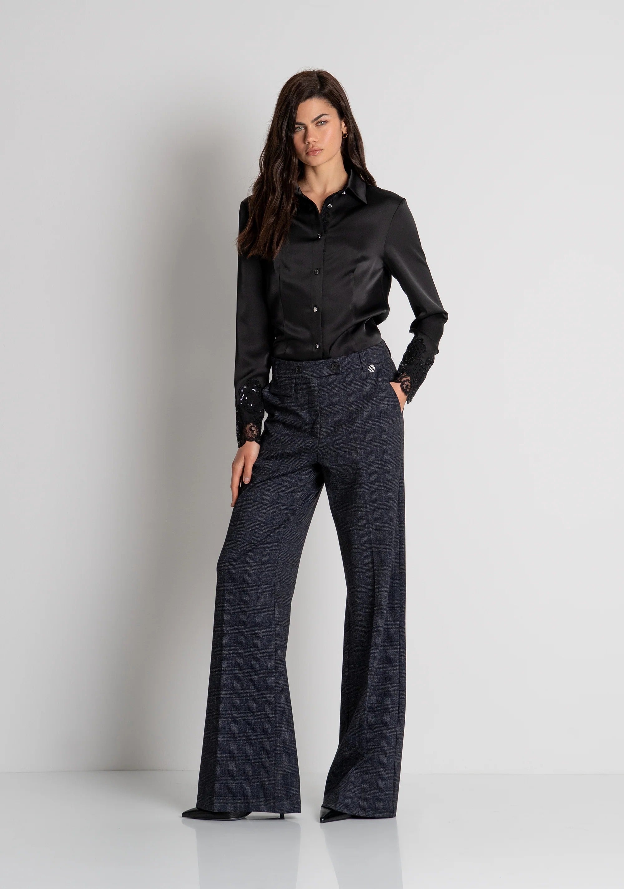 Fracomina Pantalone linea dritta in tessuto in fantasia Principe di Galles charcoal FR26WV2004W575O2 097 FRACOMINA 