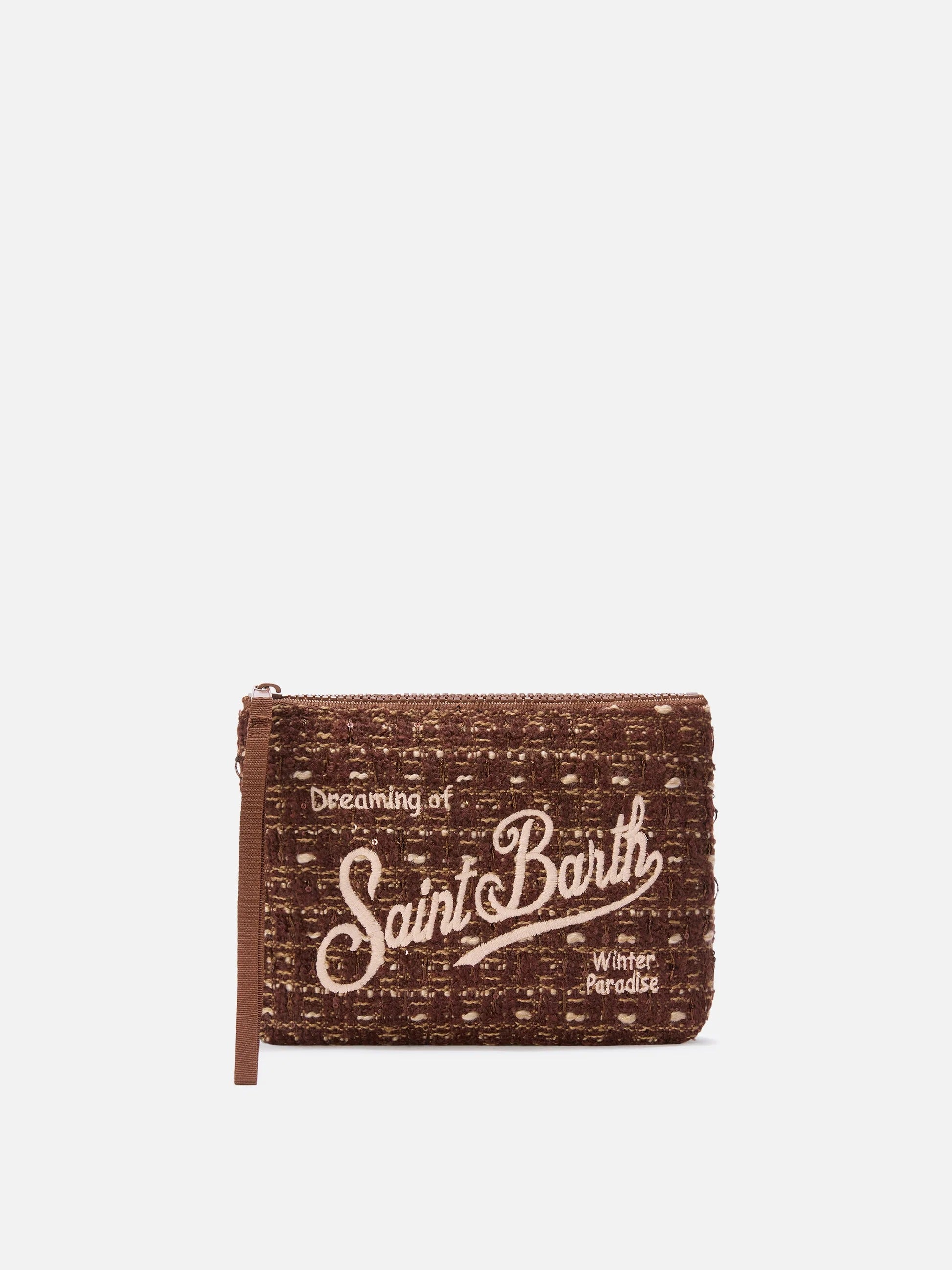 Pochette Aline marrone in tweed con ricamo logo ALI0027 04136M MC2 SAINT BARTH 