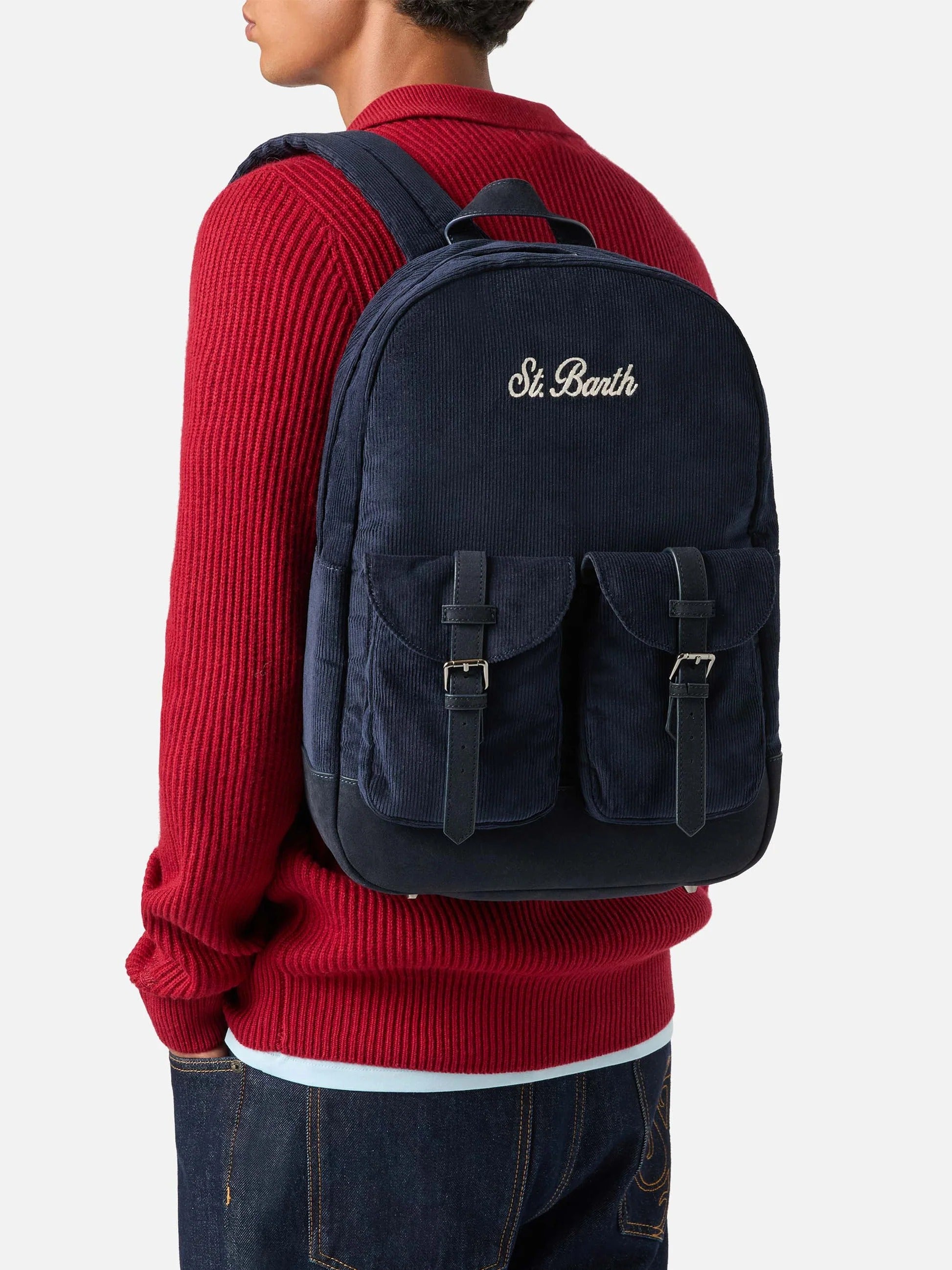 Zaino Cody blu navy in velluto a coste con ricamo logo COD0007 01329M MC2 SAINT BARTH 