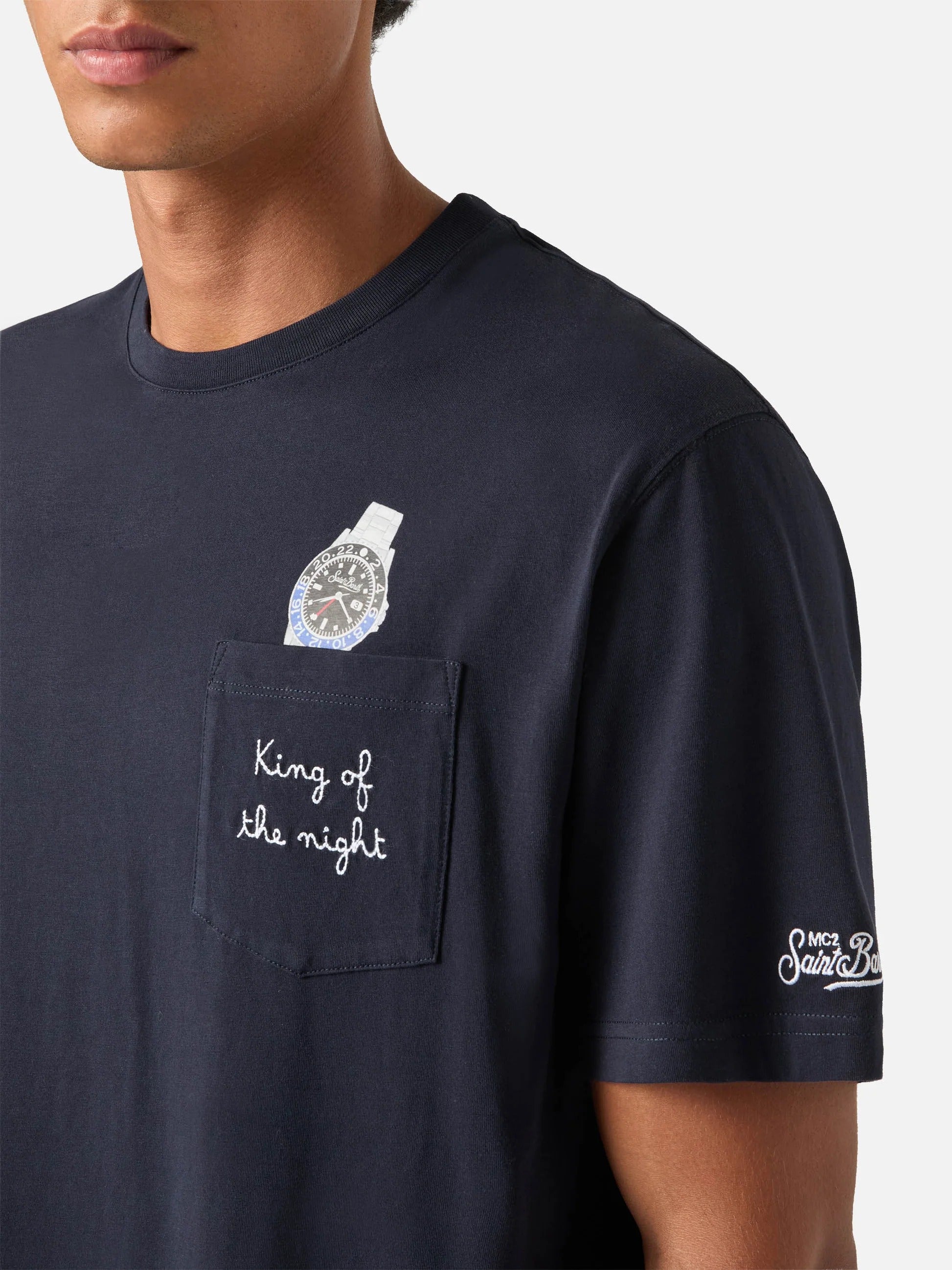 T-shirt Connor blu navy in cotone organico con stampa orologio e ricamo King Of The Night CONR0001 03274M MC2 SAINT BARTH 