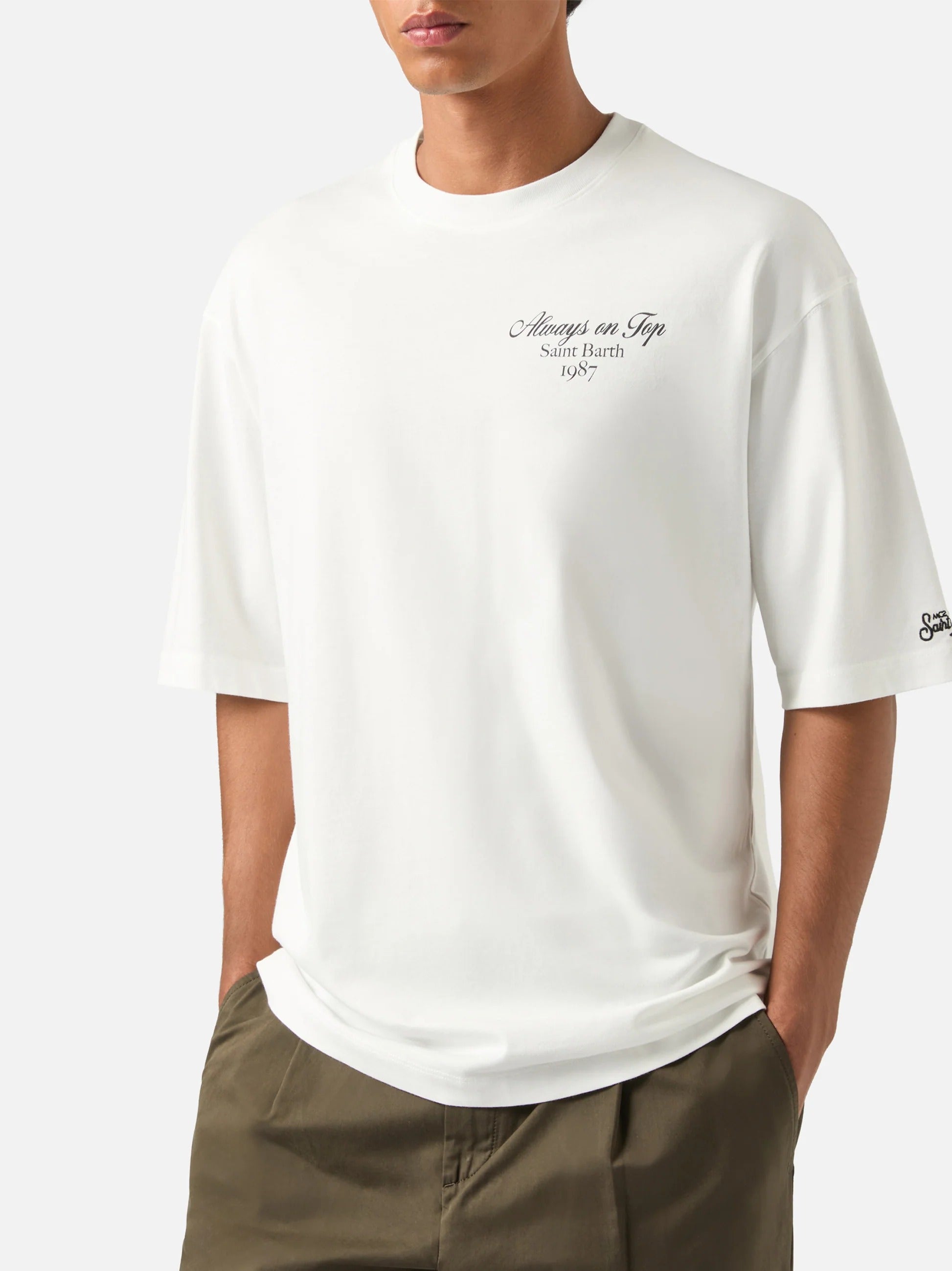 T-shirt Delmar oversize bianca in cotone con stampa I'm Always On Top sul retro DLR0001 03078M MC2 SAINT BARTH 
