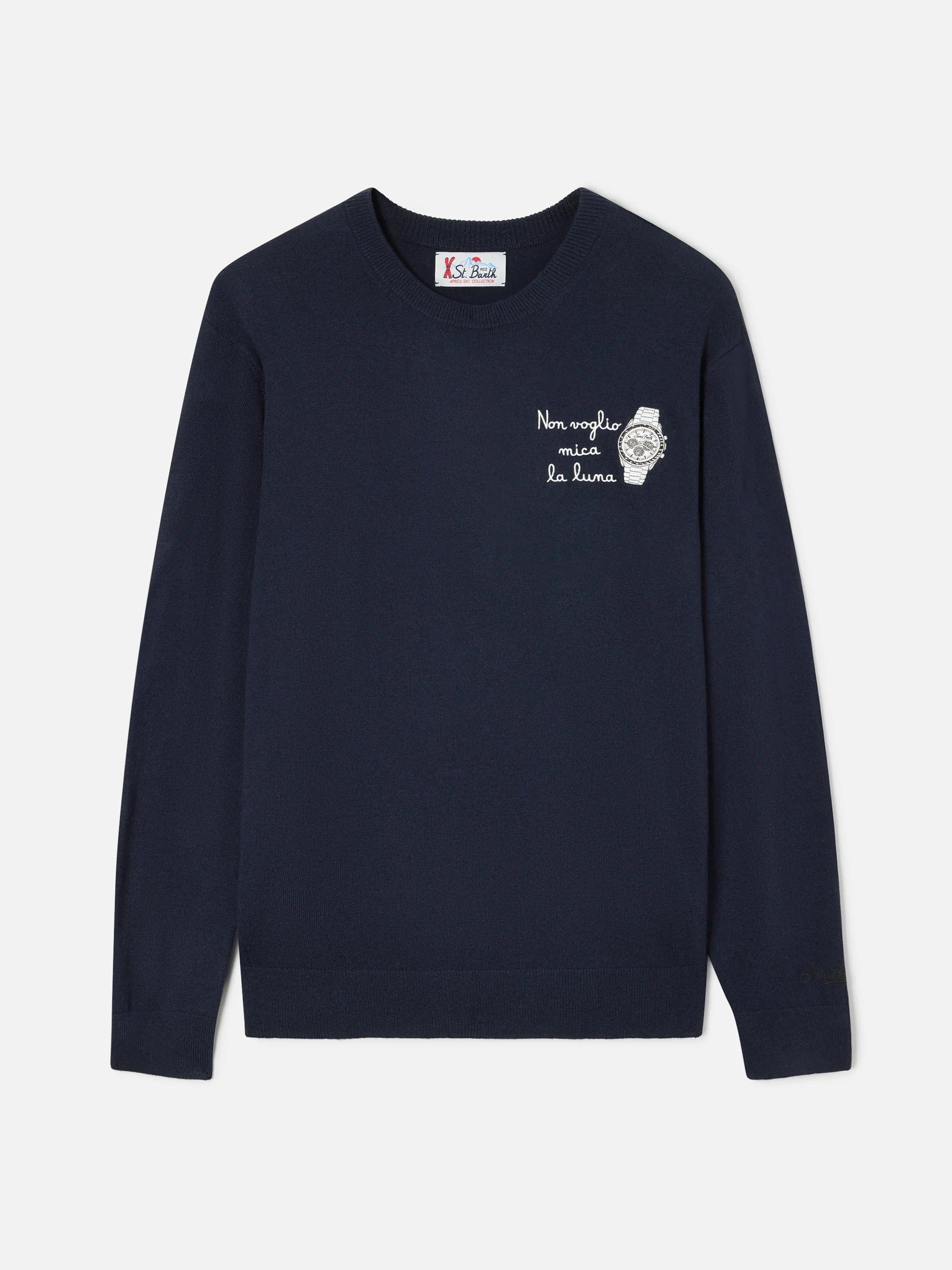 Maglia girocollo Heron Light blu navy in misto lana e cashmere con ricamo Non Voglio Mica La Luna HER0024 02930M MC2 SAINT BARTH 