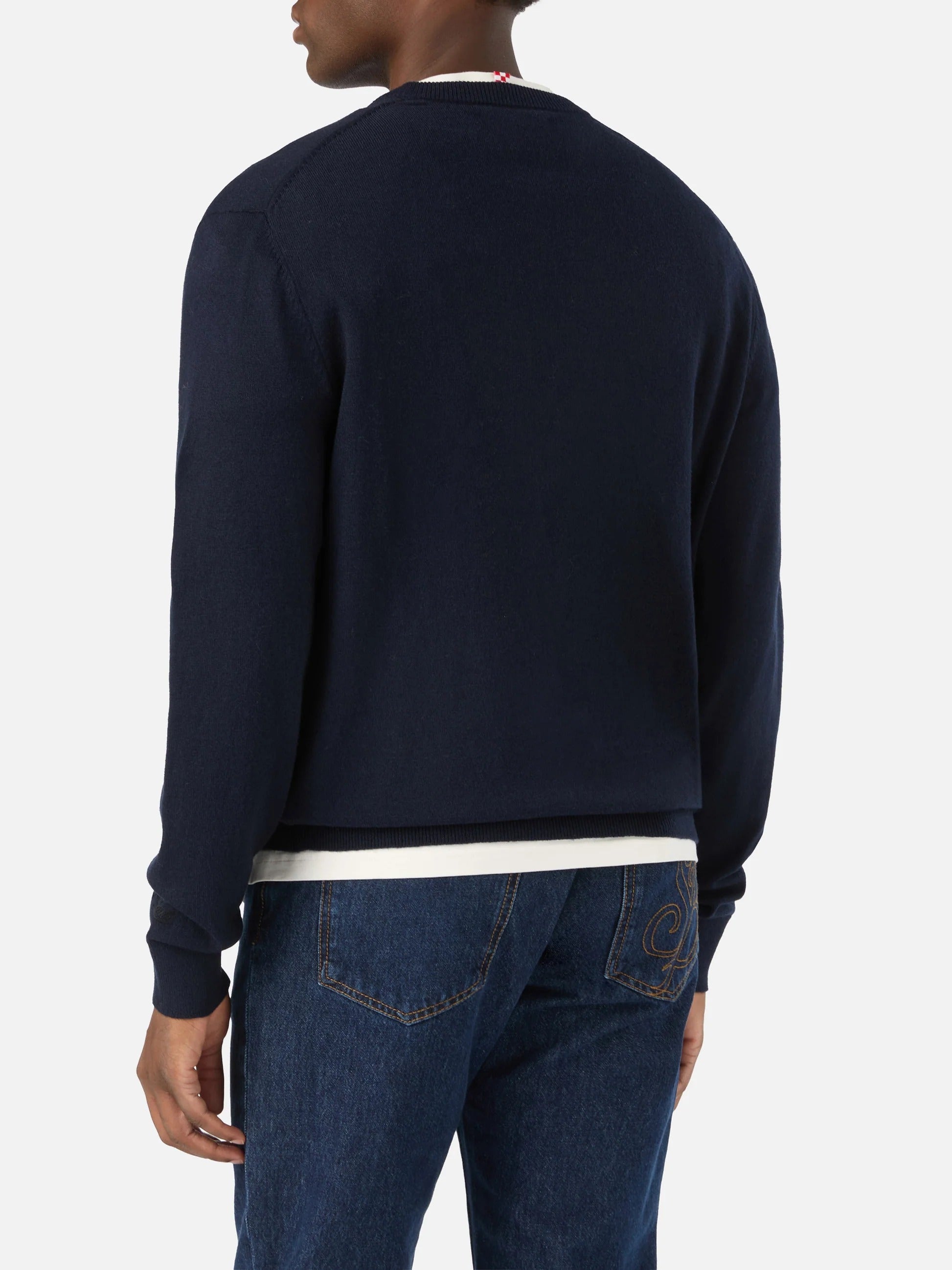 Maglia girocollo Heron Light blu navy in misto lana e cashmere con ricamo Non Voglio Mica La Luna HER0024 02930M MC2 SAINT BARTH 