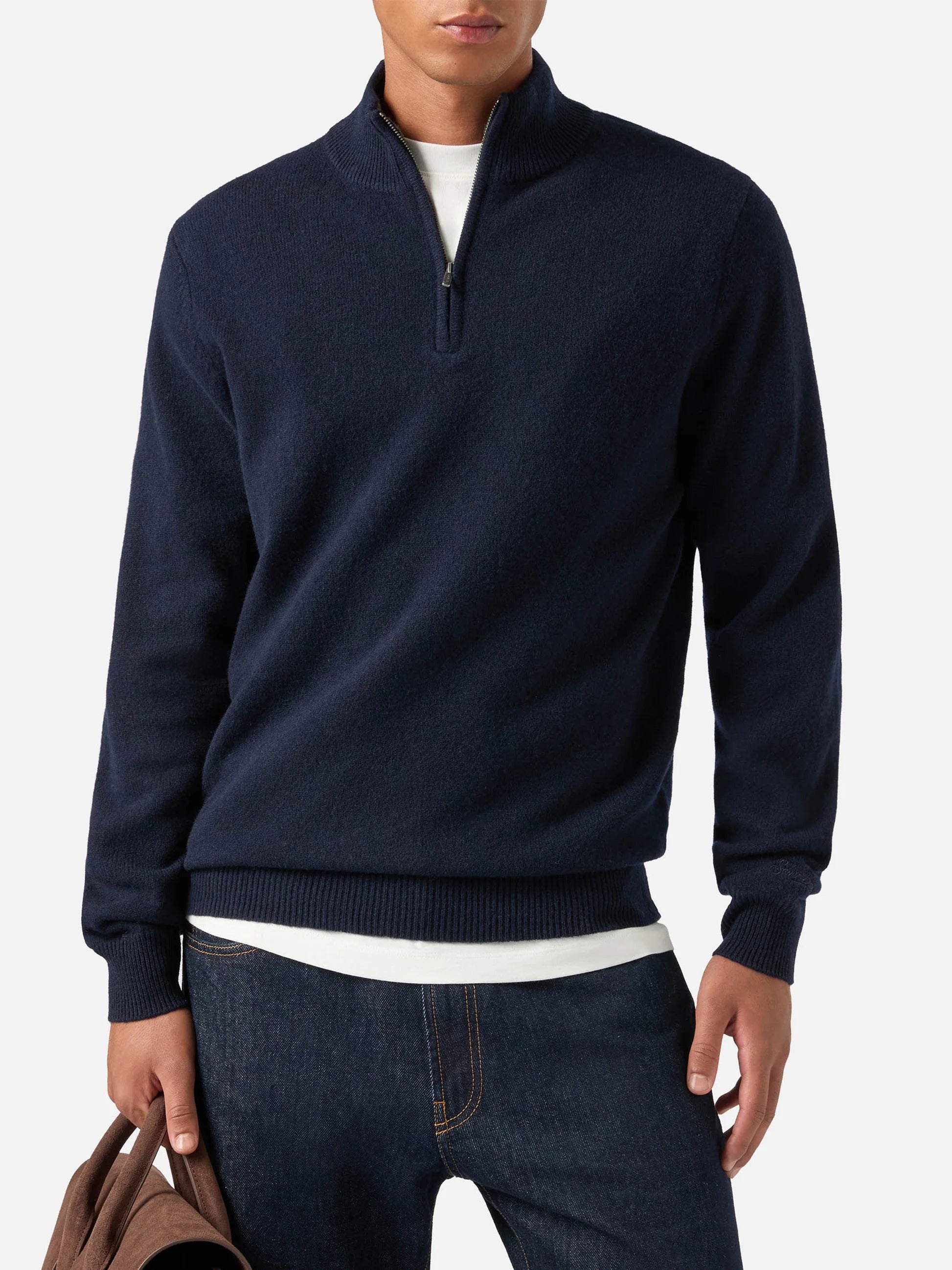 Maglia Jermyn blu notte in lana d'agnello con mezza zip e collo a contrasto JERM003 00044M MC2 SAINT BARTH 