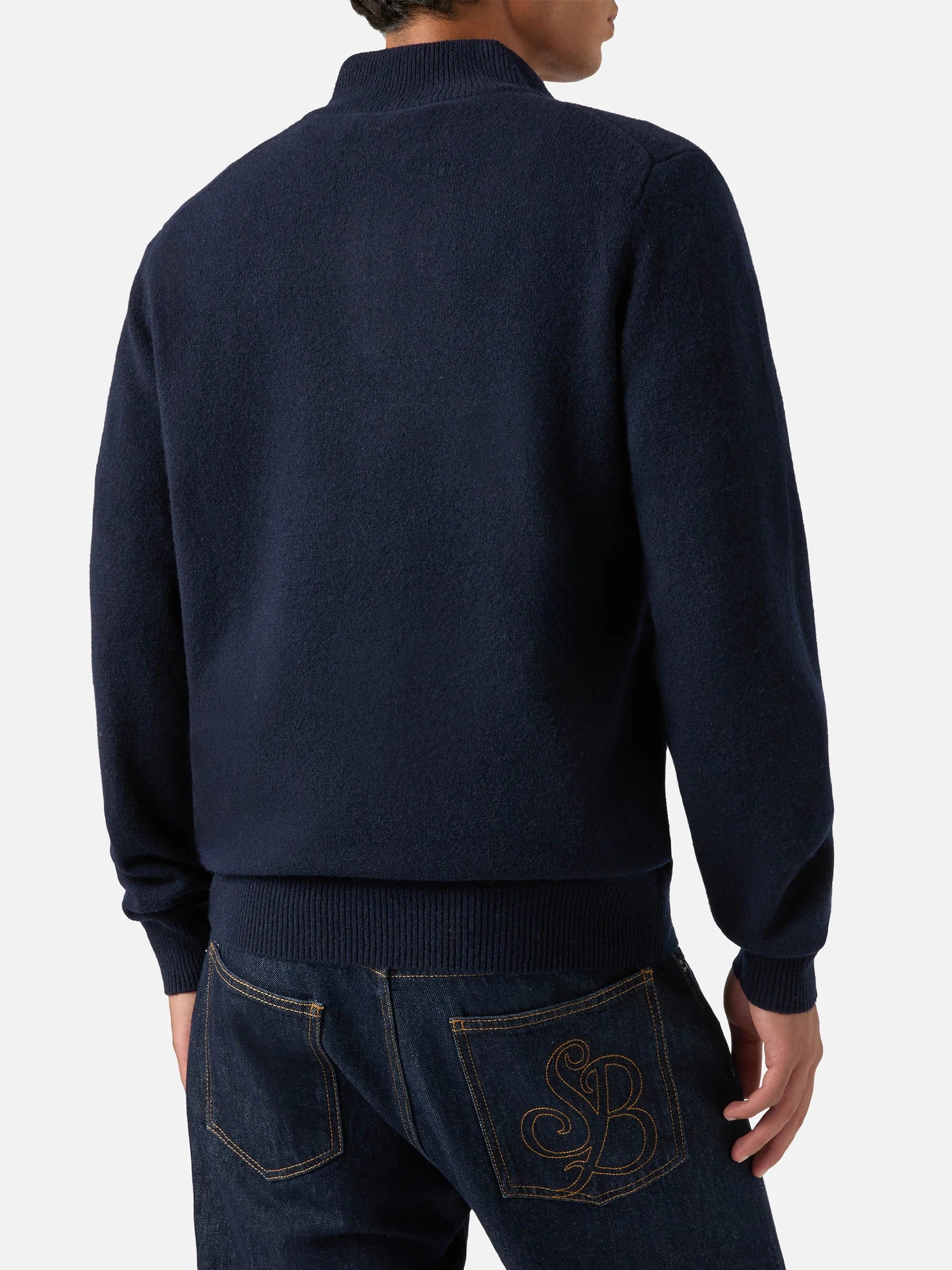 Maglia Jermyn blu notte in lana d'agnello con mezza zip e collo a contrasto JERM003 00044M MC2 SAINT BARTH 