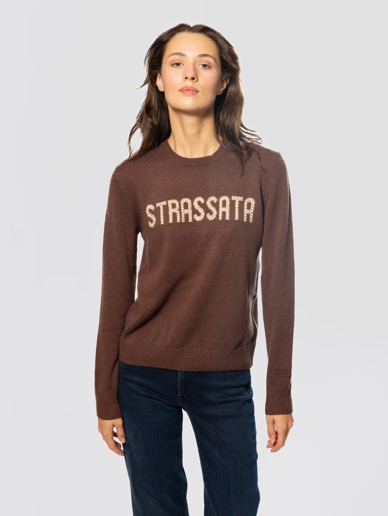 Maglione Girocollo Strassata con Strass Marrone QUE0010 04342M MC2 SAINT BARTH 