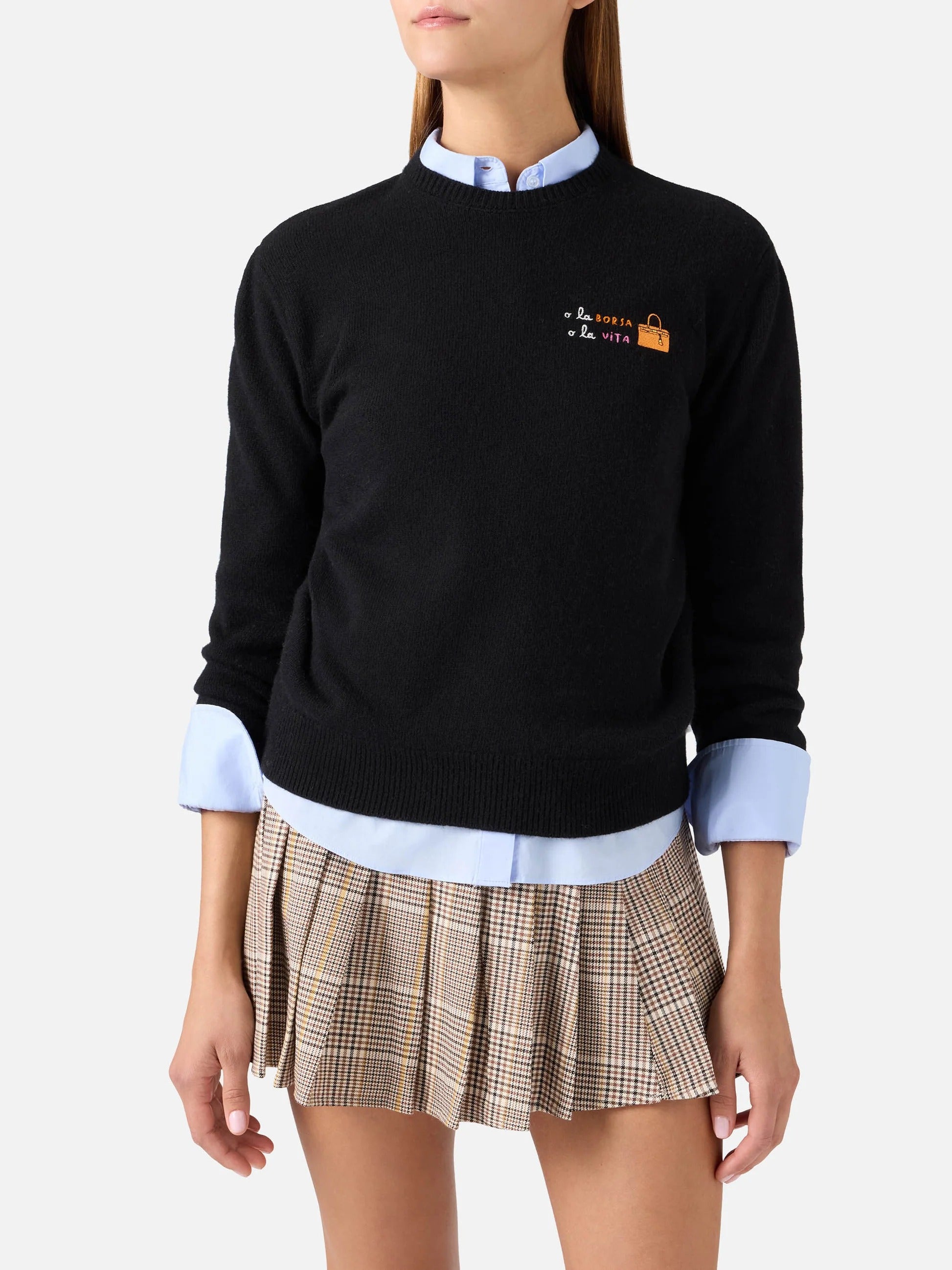 Maglia girocollo New Queen nera in misto lana e cashmere con ricamo O La Borsa O La Vita QUE0032 00625M MC2 SAINT BARTH 
