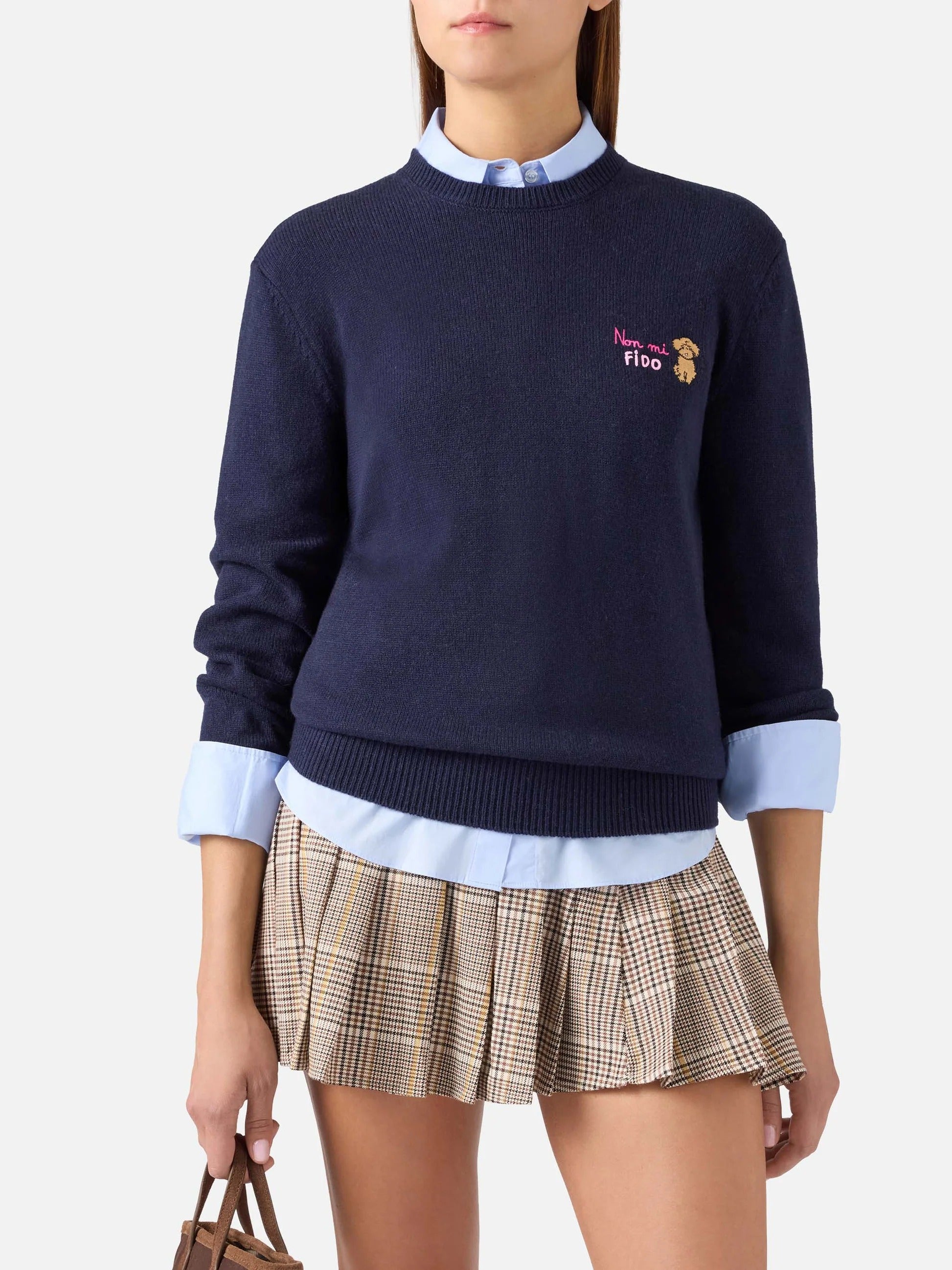 Maglia girocollo New Queen blu navy in misto lana e cashmere con ricamo Non Mi Fido QUE0032 04176M MC2 SAINT BARTH 