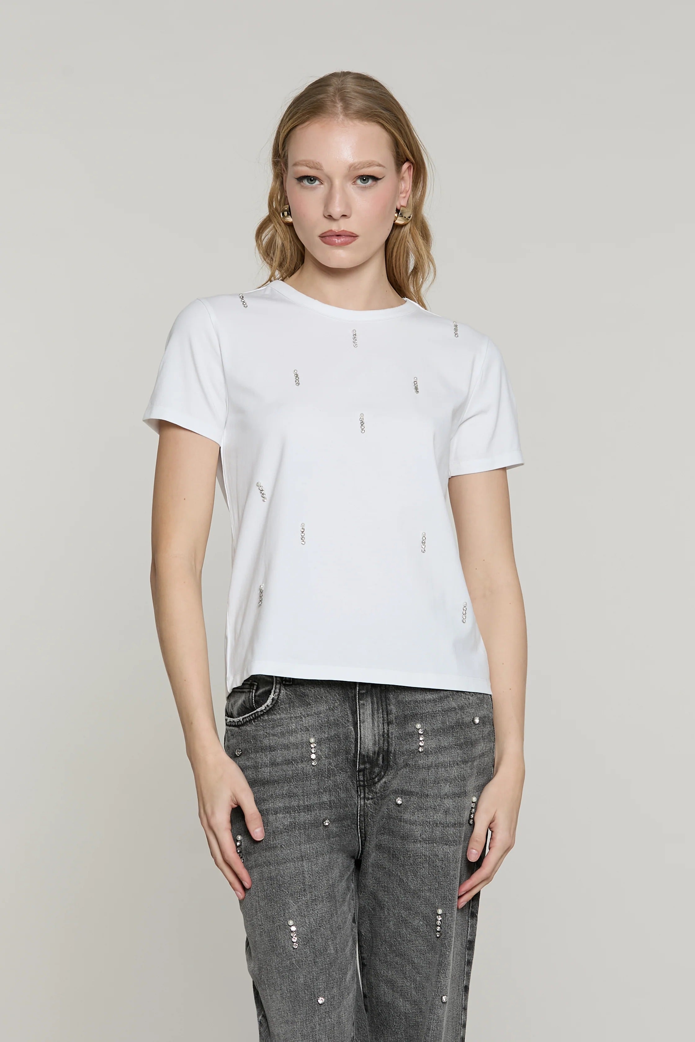 T-shirt CREW mezza manica con applicazione pioggia pietre più perle bianca RDA2601016002 1100 RELISH 