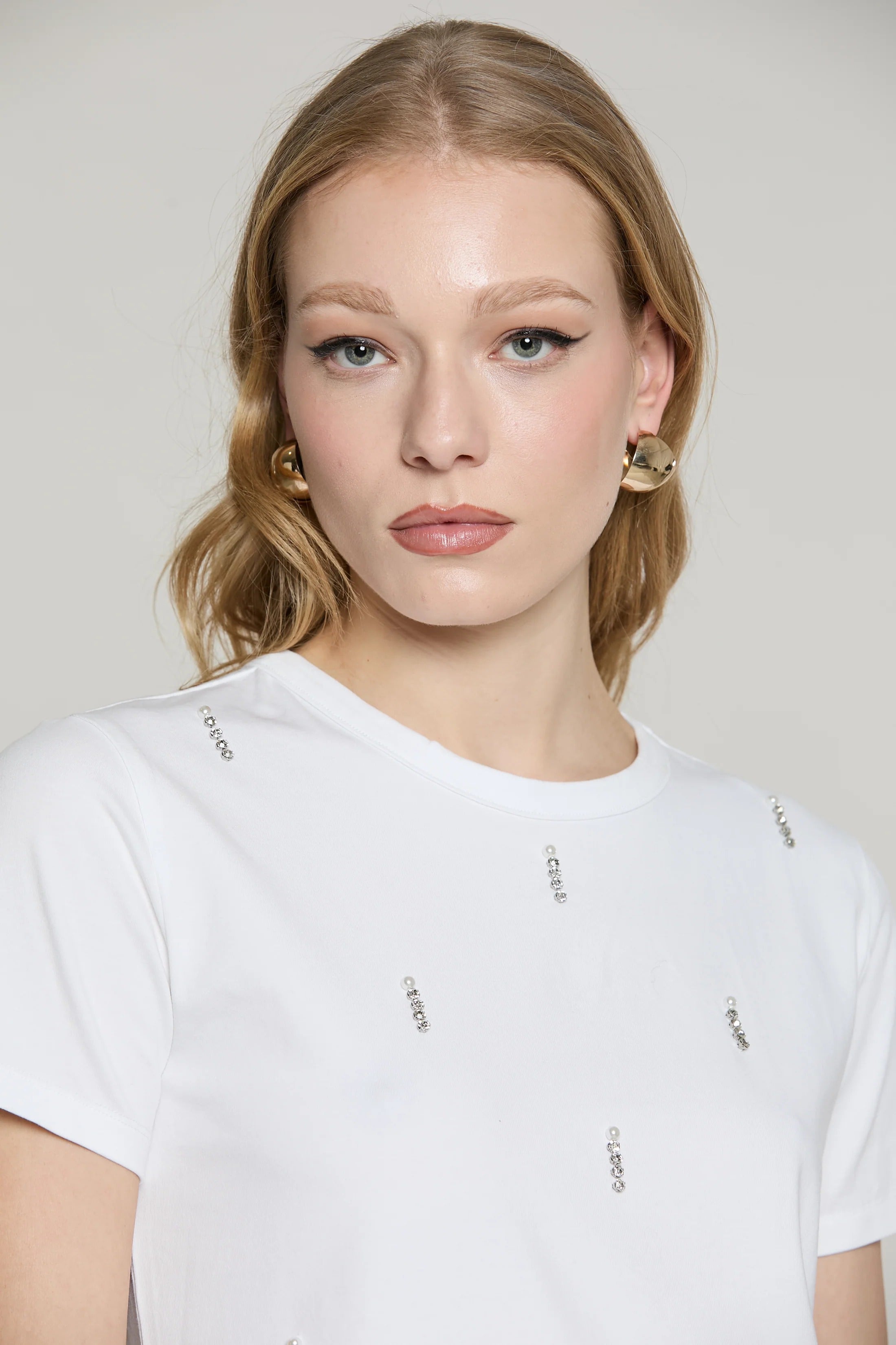 T-shirt CREW mezza manica con applicazione pioggia pietre più perle bianca RDA2601016002 1100 RELISH 
