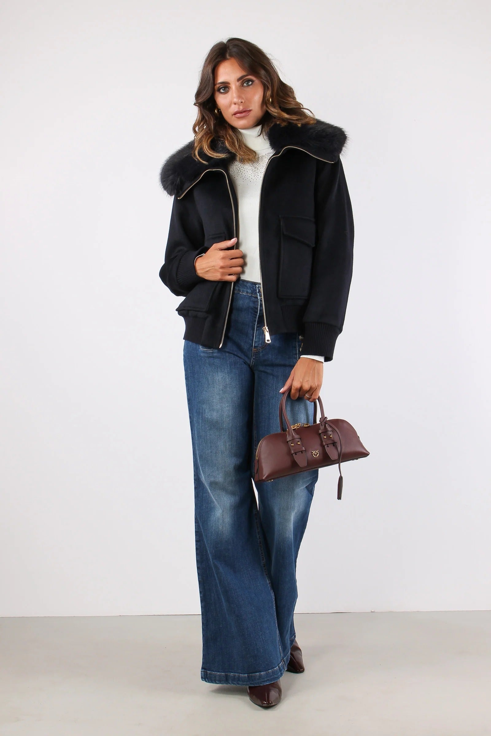 Cappotto SAEZ corto manica lunga con bordi costa con ts più patte più zip più collo ecopelliccia staccabile blue navy RDA2605112016 1703 RELISH 