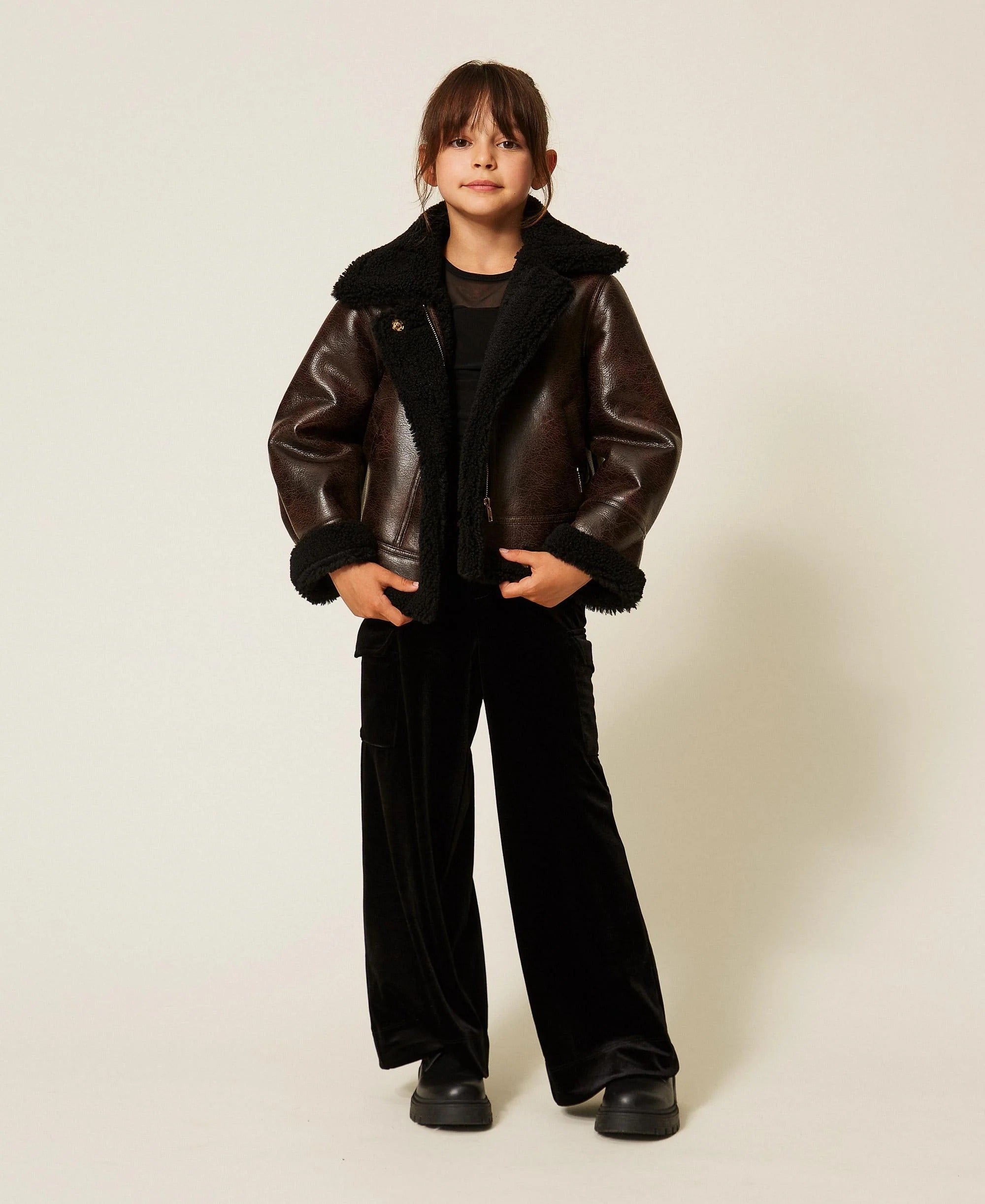 Bomber effetto pelle con faux fur moro/nero 262GJ2030 13820 TWINSET 