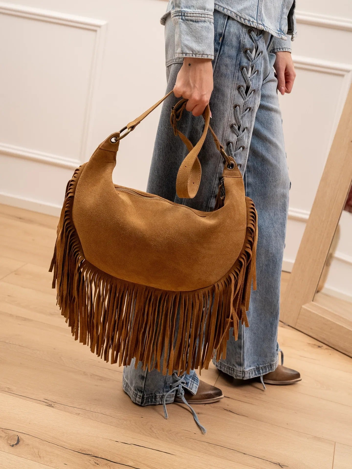 Vicolo<BR/>Borsa maxi in crosta camel con frange KAKI- Vicolo XAB0062 07 VICOLO 