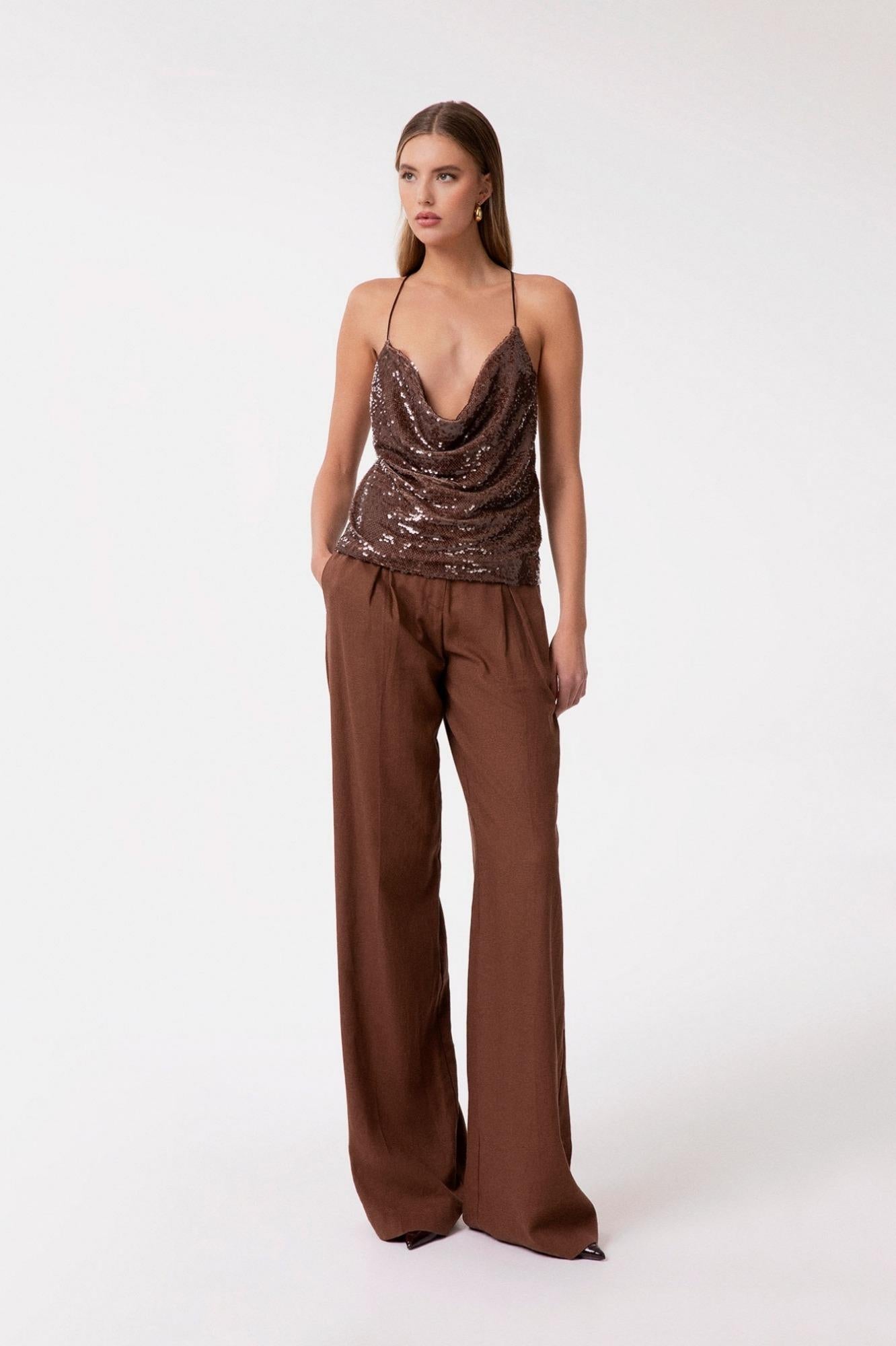 Top A Bretelline Con Scollo A Cappuccio In Tessuto Paillettes  Moka - Gaëlle Paris GAABW09868-TMTP0032 MA63 GAELLE 