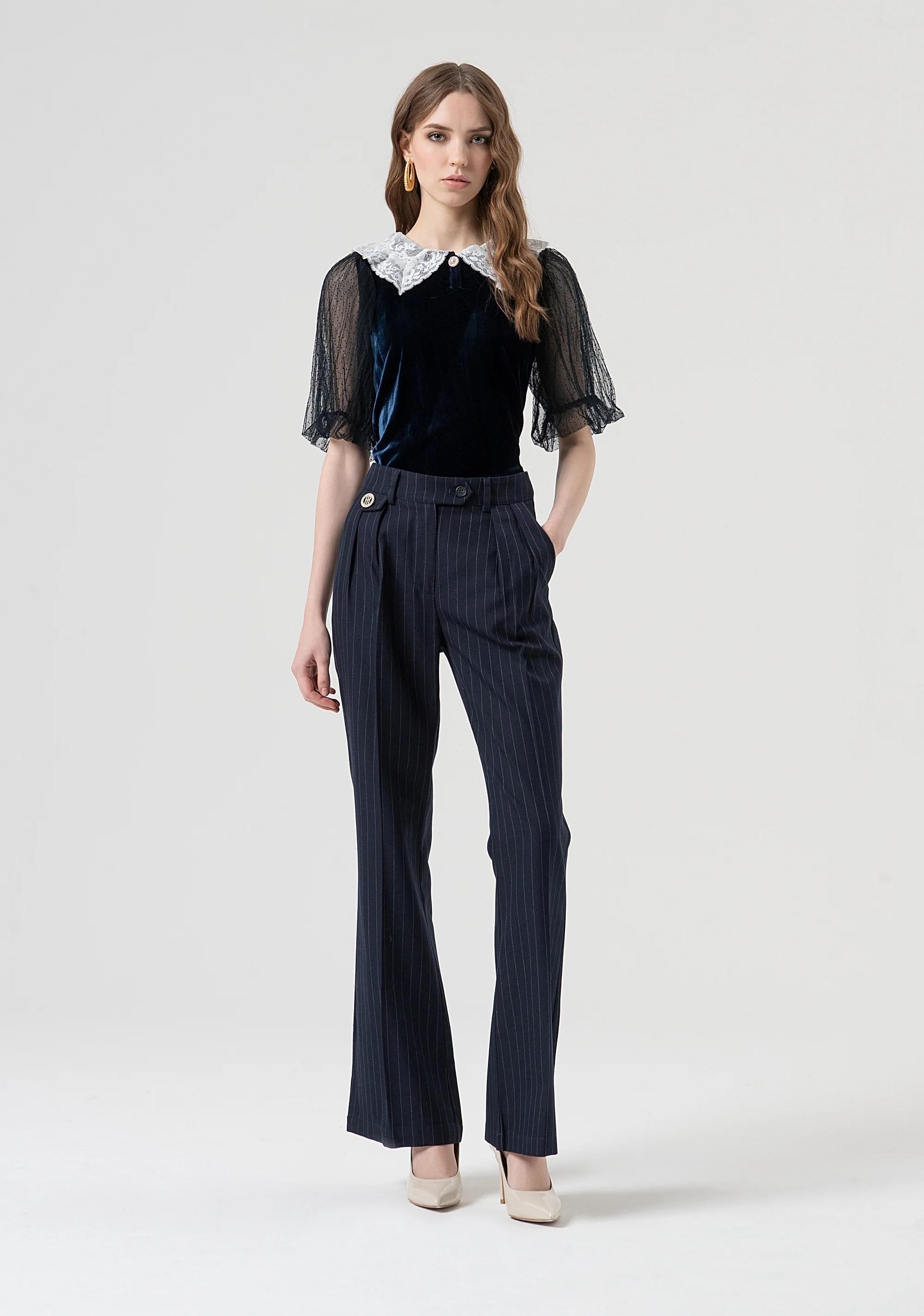 Fracomina Pantalone flare in fantasia gessata dark blue FR25WV2005W813D4 117 FRACOMINA 