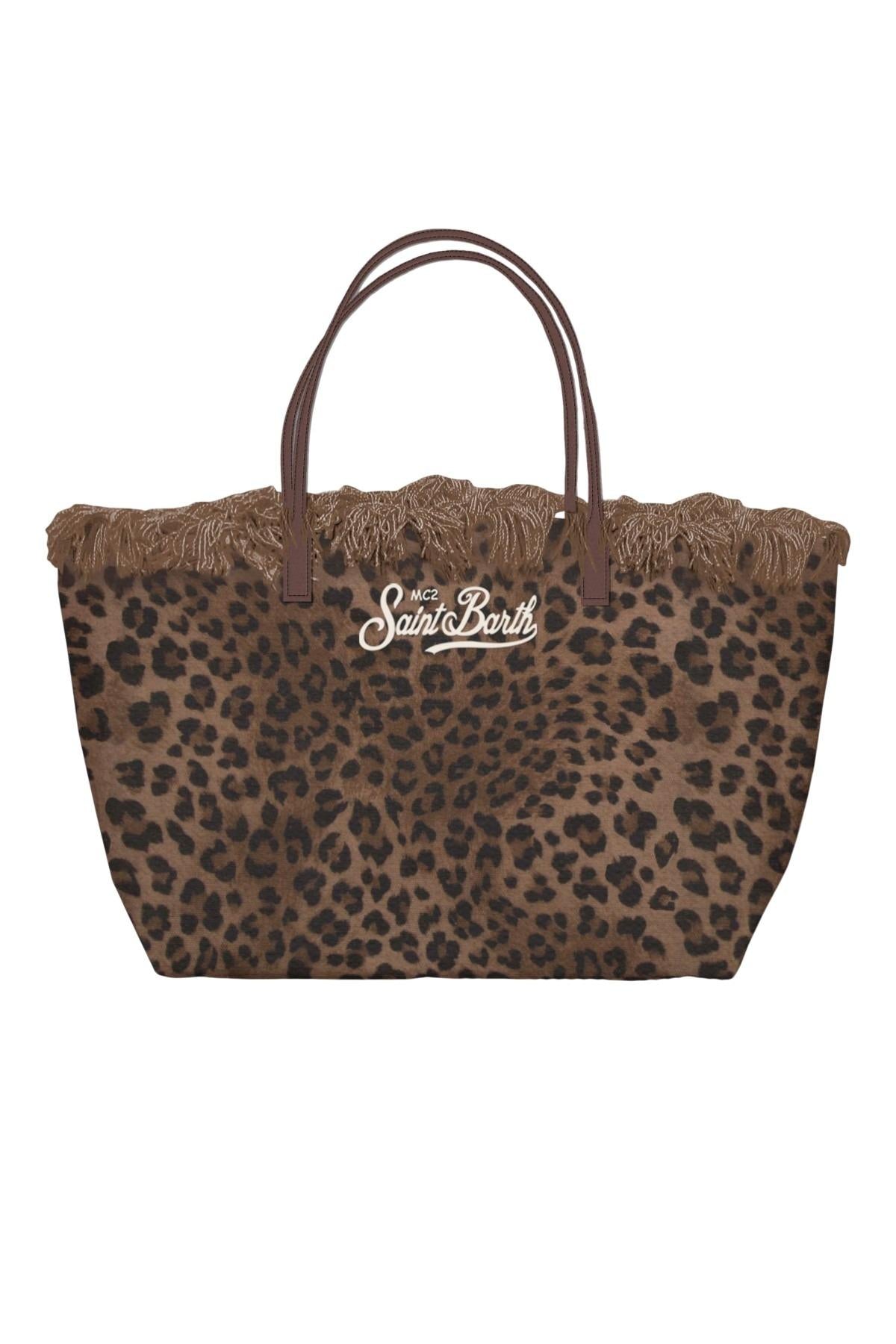 Borsa shopper City medium dark leopard in canvas con frange CBMF001 00588L MC2 SAINT BARTH 