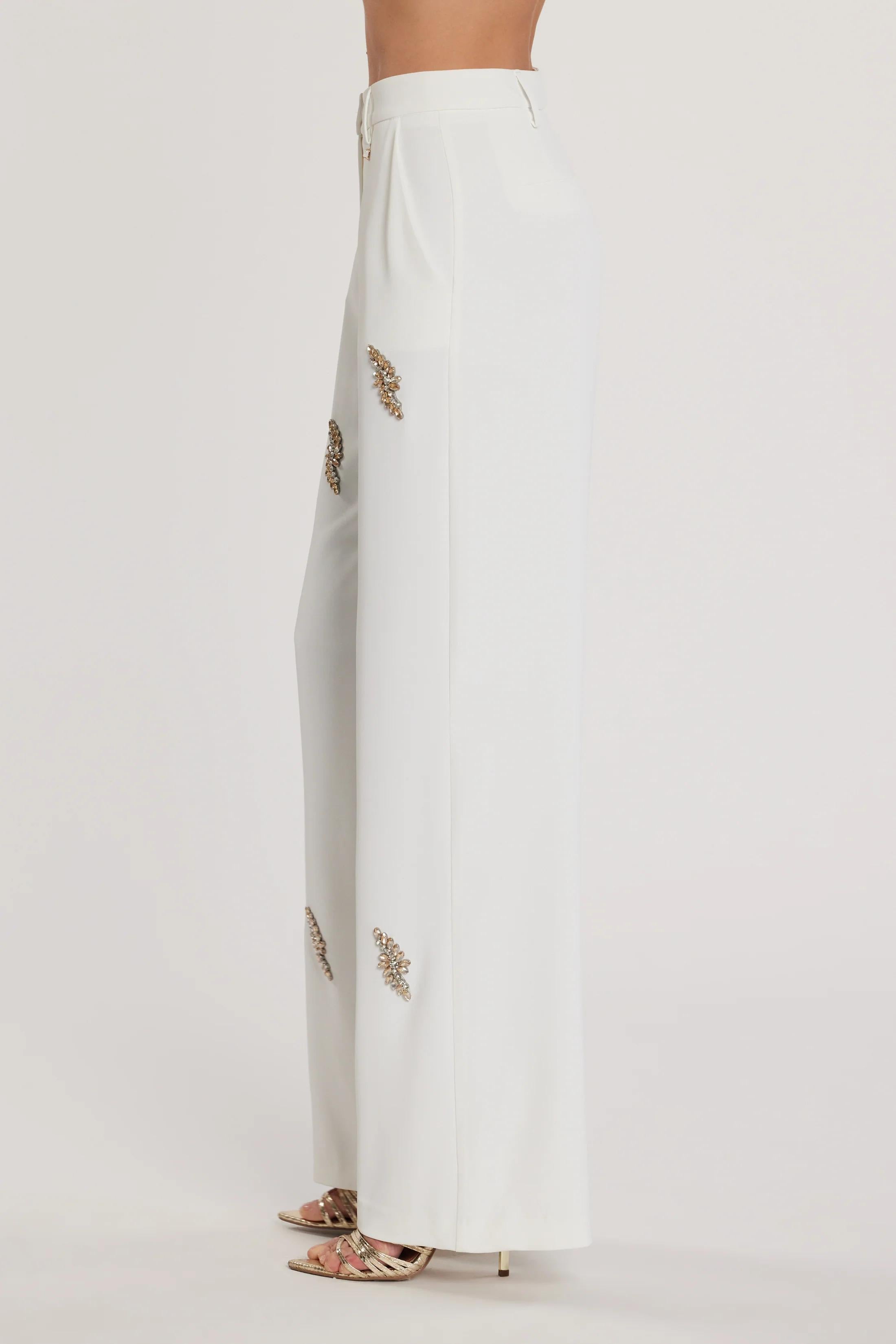 RELISH Pantalone AVEZAM vita alta ampia con applicazioni strass MILK<BR/><BR/> RCP2607006006 1101 RELISH 