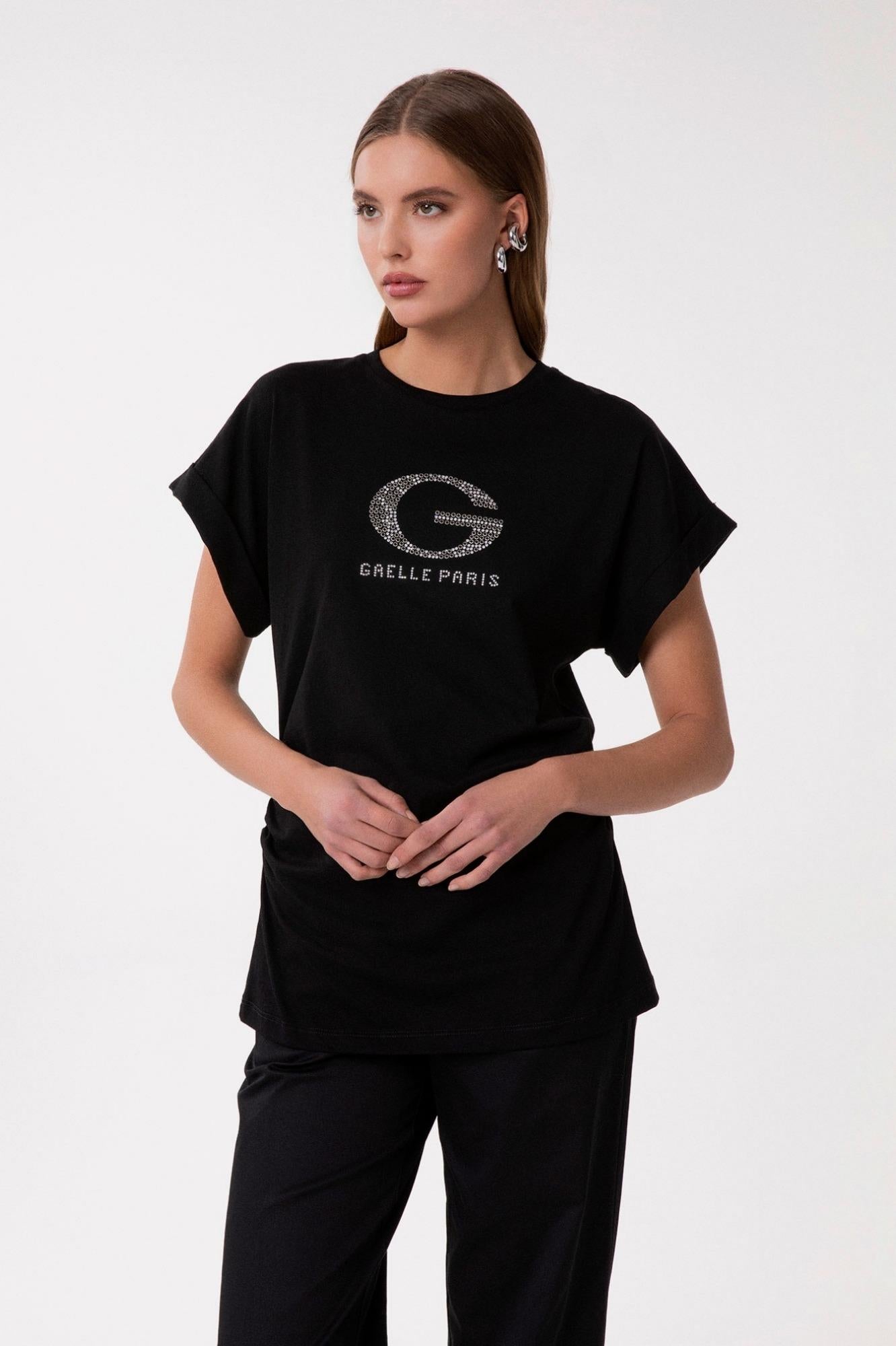 T-Shirt Paricollo Mezza Manica Con Risvolto E Logo Strass  Nero - Gaëlle Paris GAABW09372-PTTS0043 NE01 GAELLE 