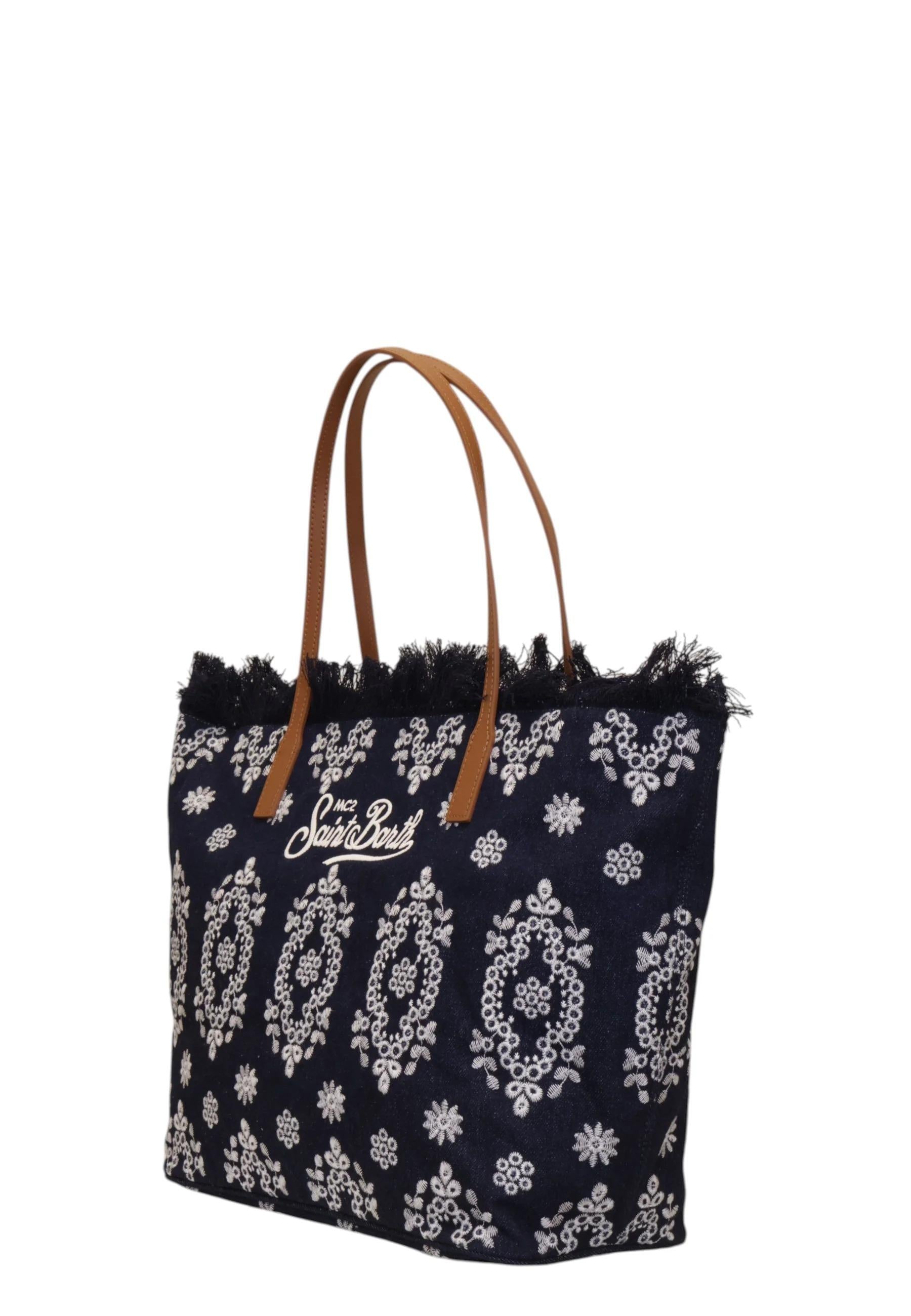 Mc2 Saint Barth<BR/>borsa da città con frange - 01773l sangallo denim scuro ricamato CBMF001 01773L MC2 SAINT BARTH 