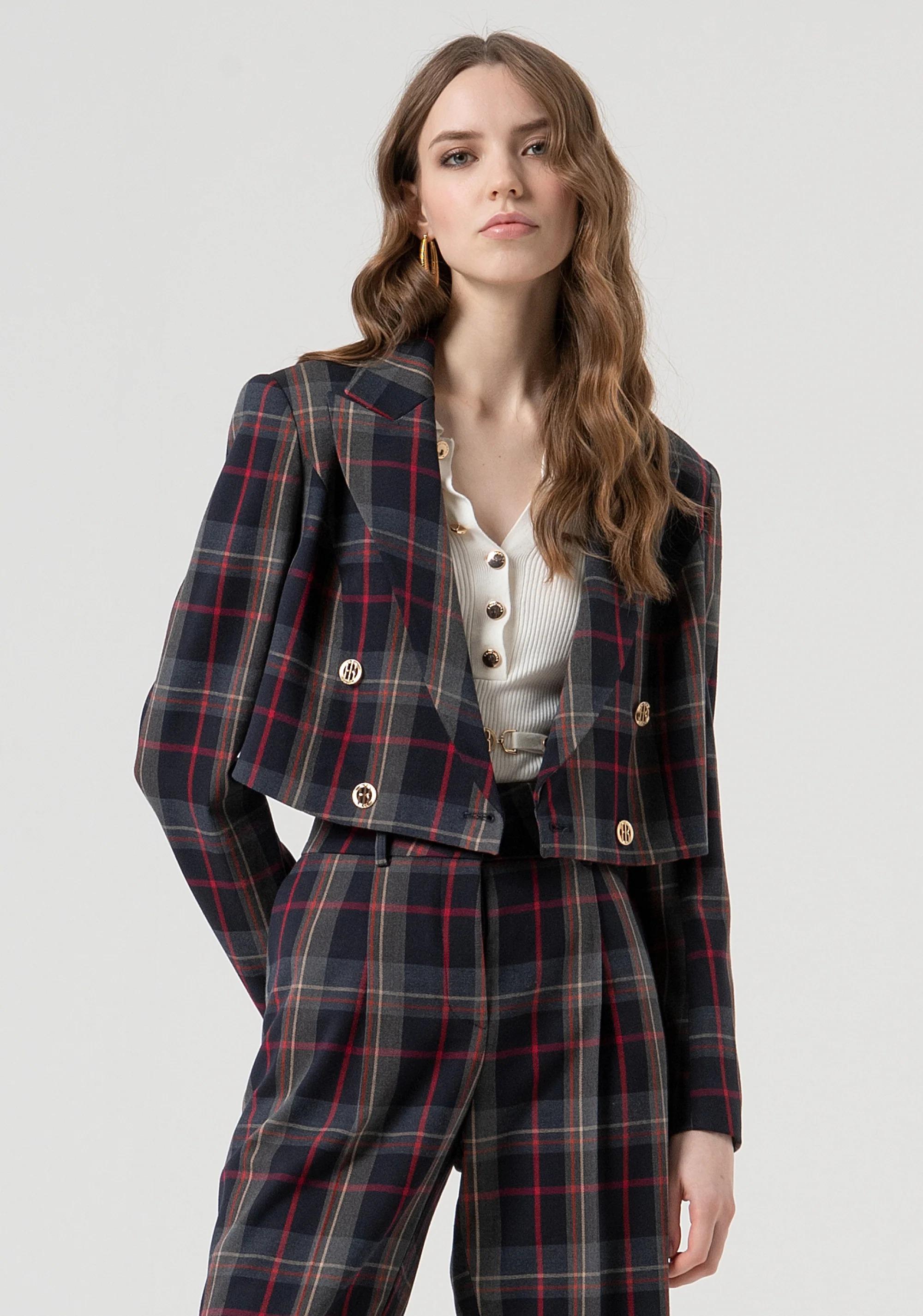 Fracomina Blazer cropped doppiopetto in fantasia tartan dark blue red FR25WJ1003W45995 T62 FRACOMINA 