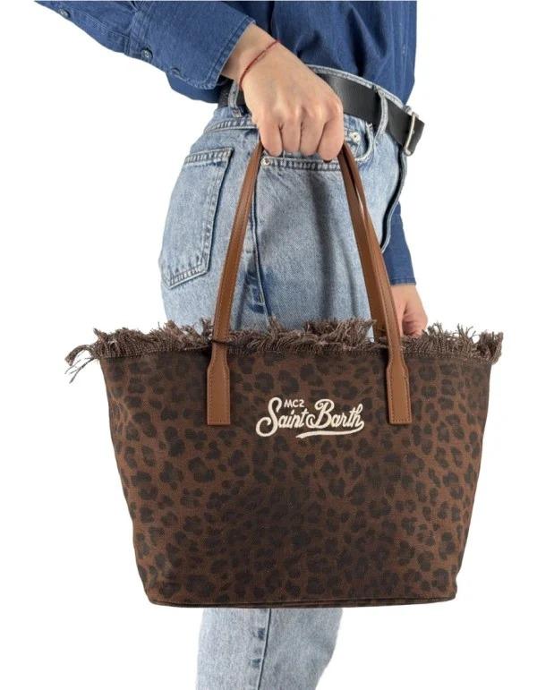 Borsa shopper City medium dark leopard in canvas con frange CBMF001 00588L MC2 SAINT BARTH 