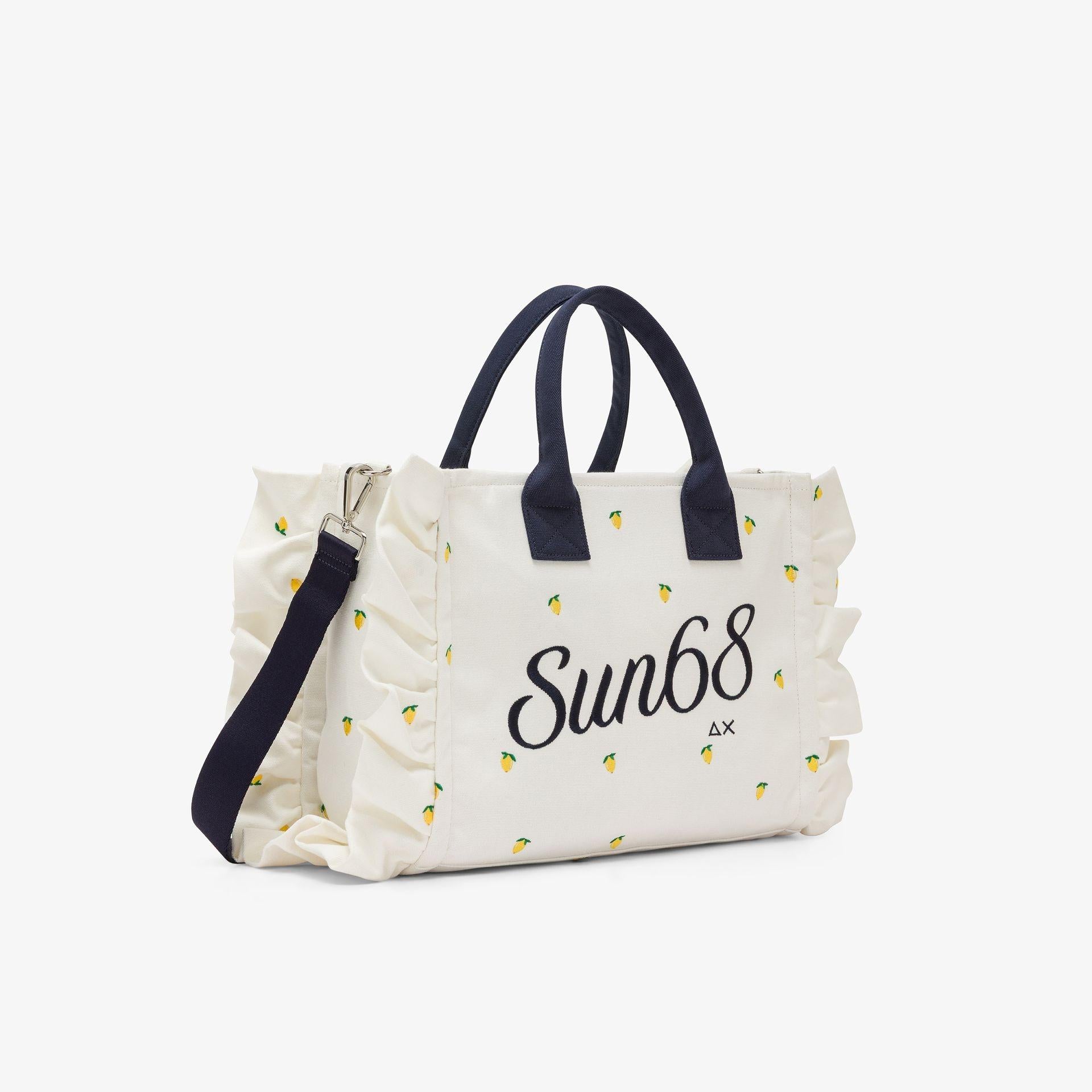 Shopping bag Cali in tela di cotone con ricami bianco panna/blu navy W36225 3107 SUN 68 