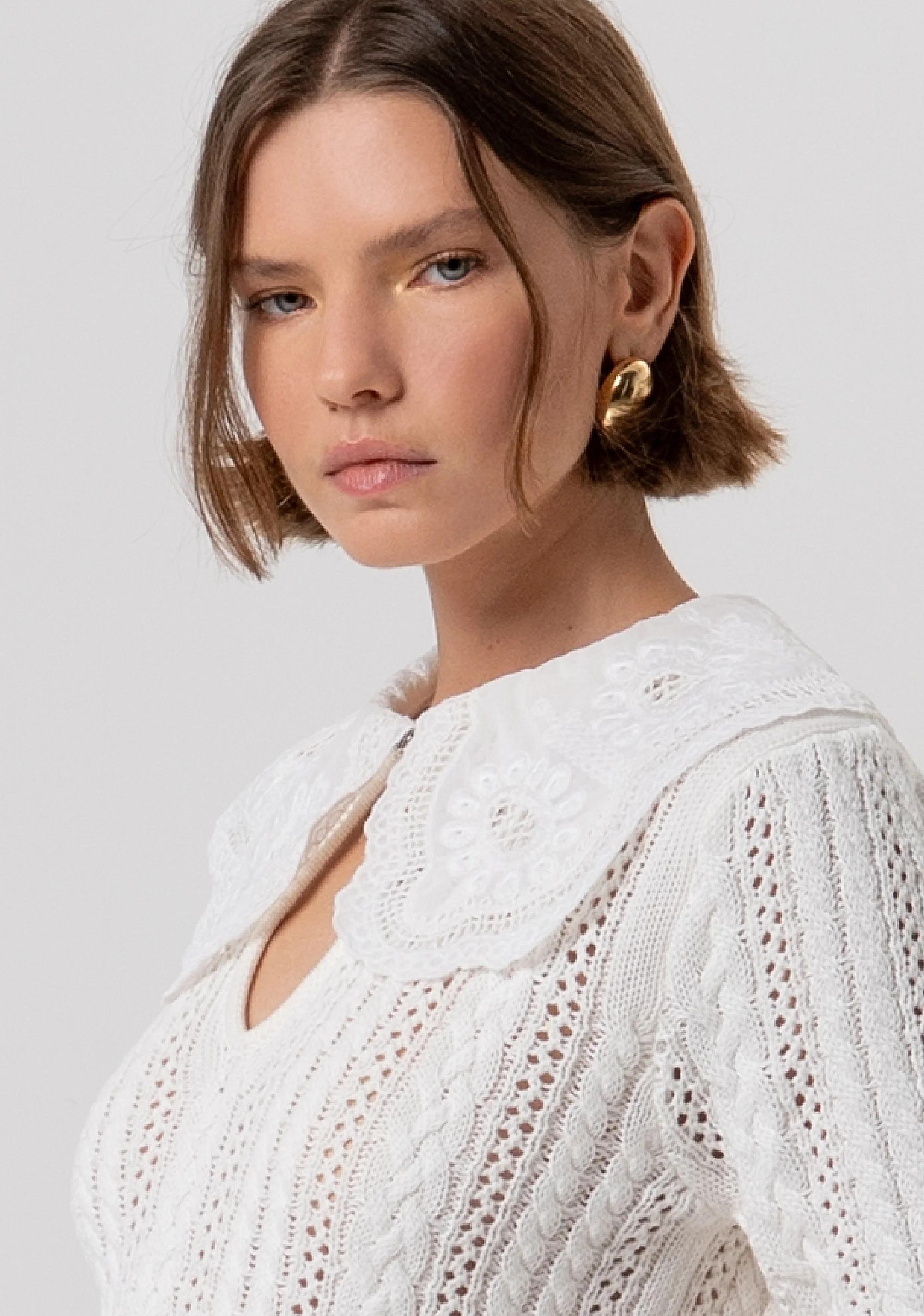 Maglia regular in cotone con punto treccia e trafori cream FR26ST7015K48801 108 FRACOMINA 