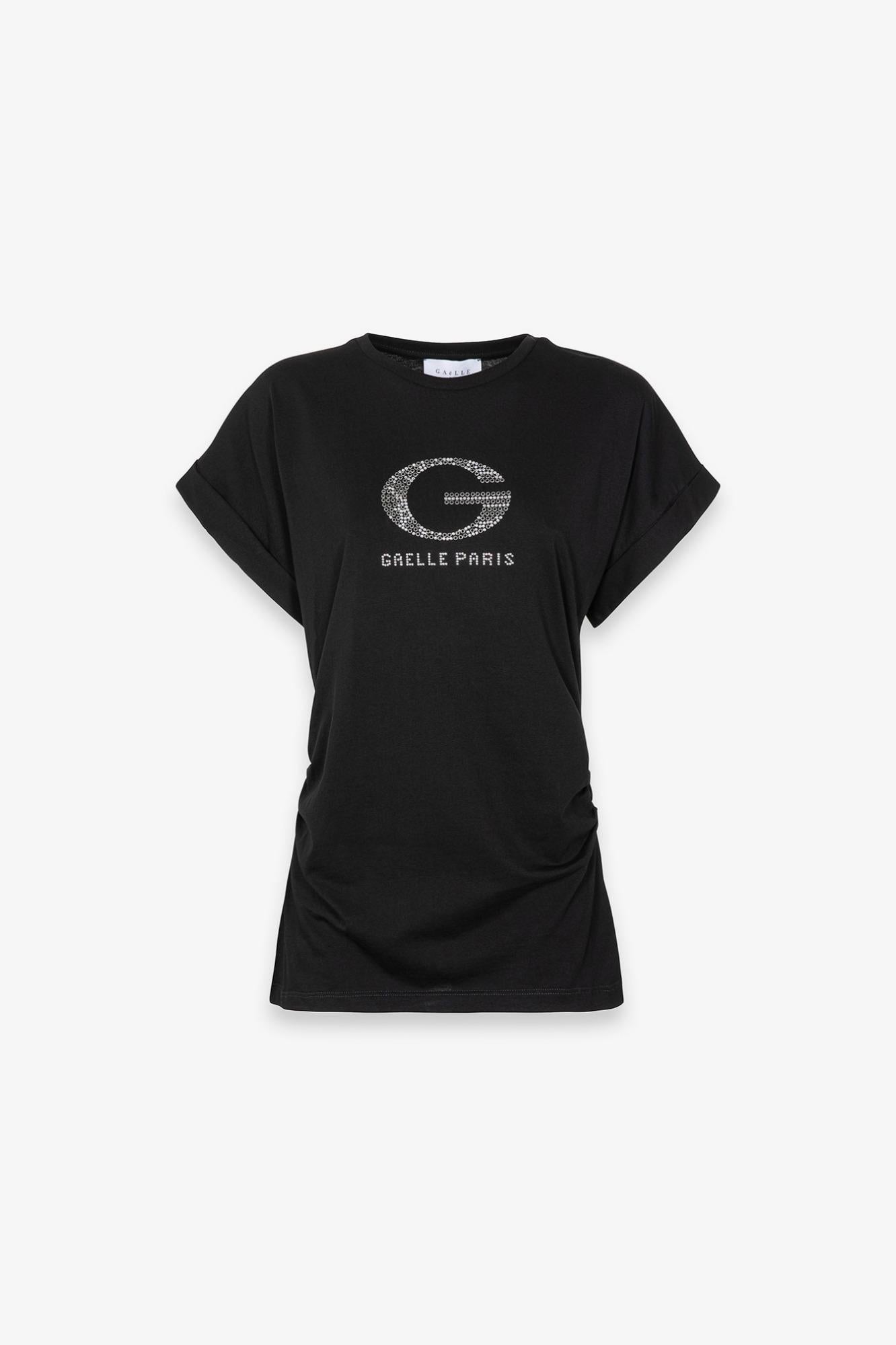 T-Shirt Paricollo Mezza Manica Con Risvolto E Logo Strass  Nero - Gaëlle Paris GAABW09372-PTTS0043 NE01 GAELLE 