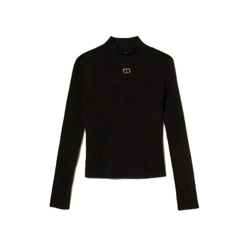 Maglia lupetto a costine con Oval T nero 252GJ3042 00006 TWINSET 