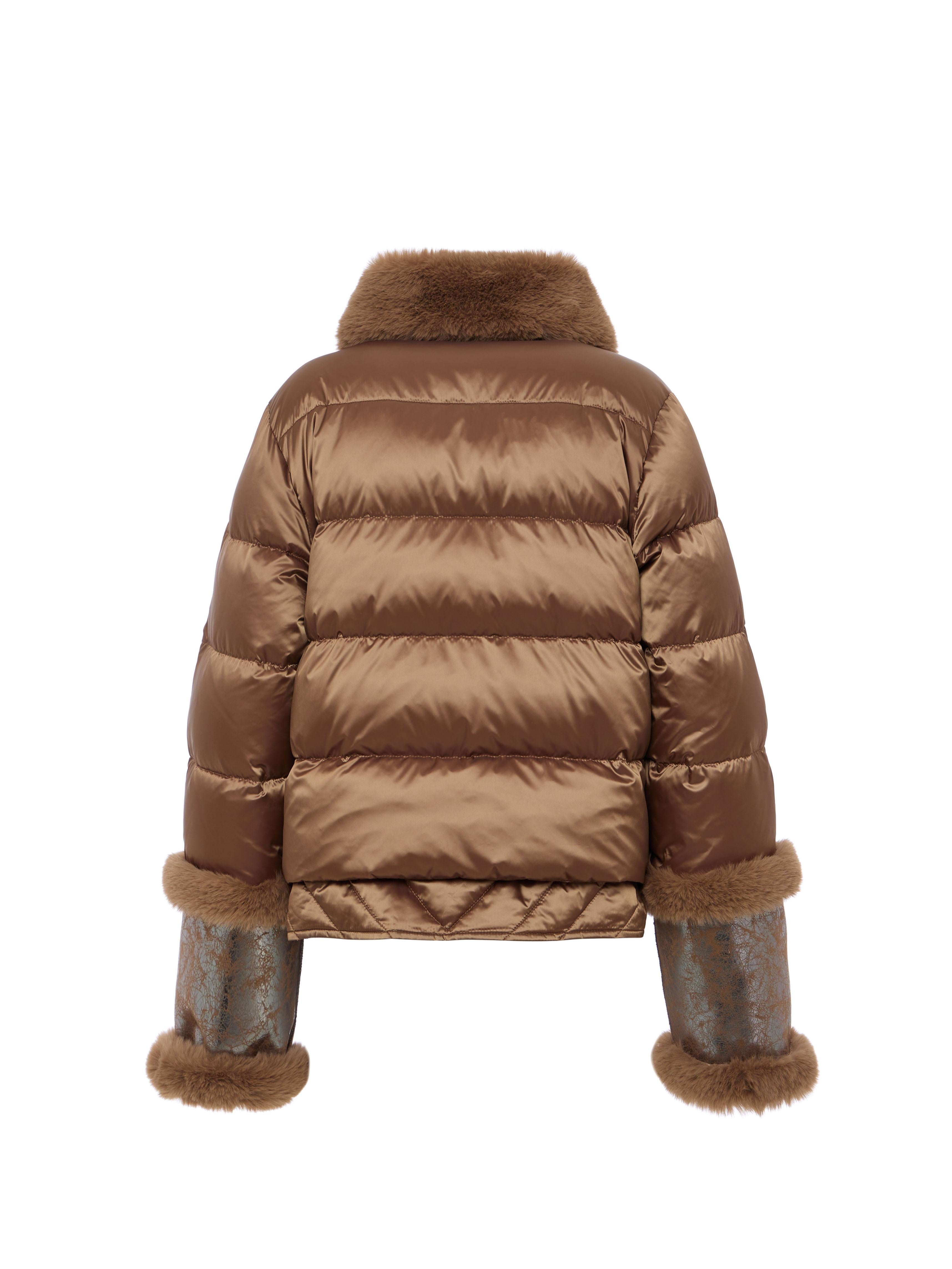 VIOLANTI Cropped biker in eco montone  laminato con dettagli in piuma biscotto VS415 1 VIOLANTI 